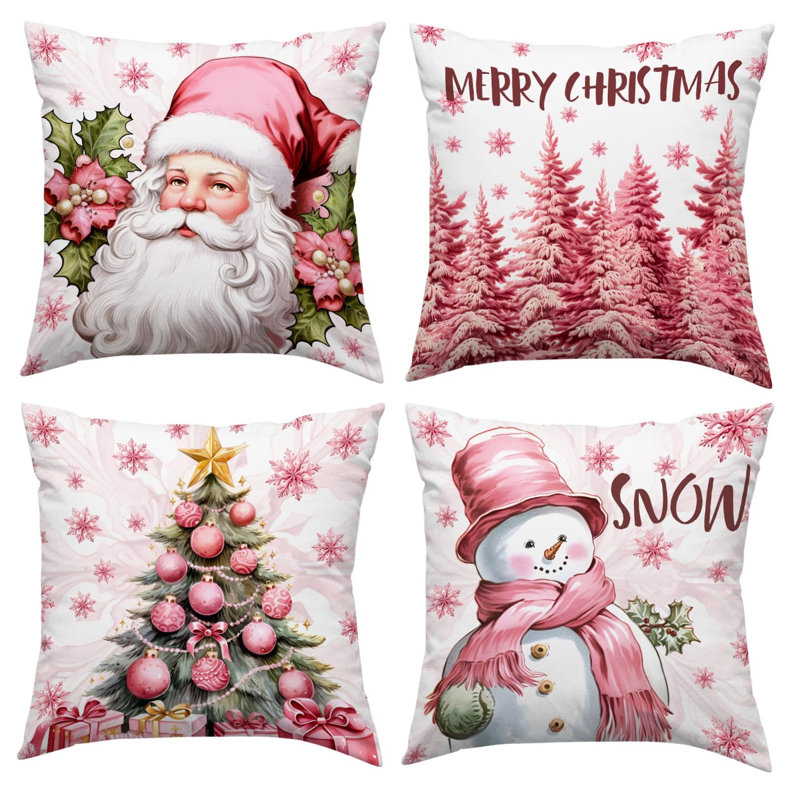 FOUORTUNATE-BEE Kissenbezüge 4er-Set Weihnachts-Kissenbezüge mit Schneemann & Weihnachtsmann, (4 Stück), Rosa Kissenhüllen im Bauernhausstil – Deko für Sofa & Zuhause