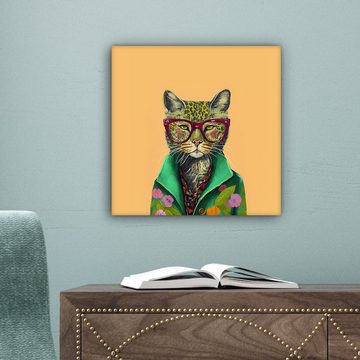 OneMillionCanvasses® Leinwandbild Tiere - Katze - Brille - Blumen - Hippie, (1 St), Leinwand Bilder für Wohnzimmer Schlafzimmer, 20x20 cm