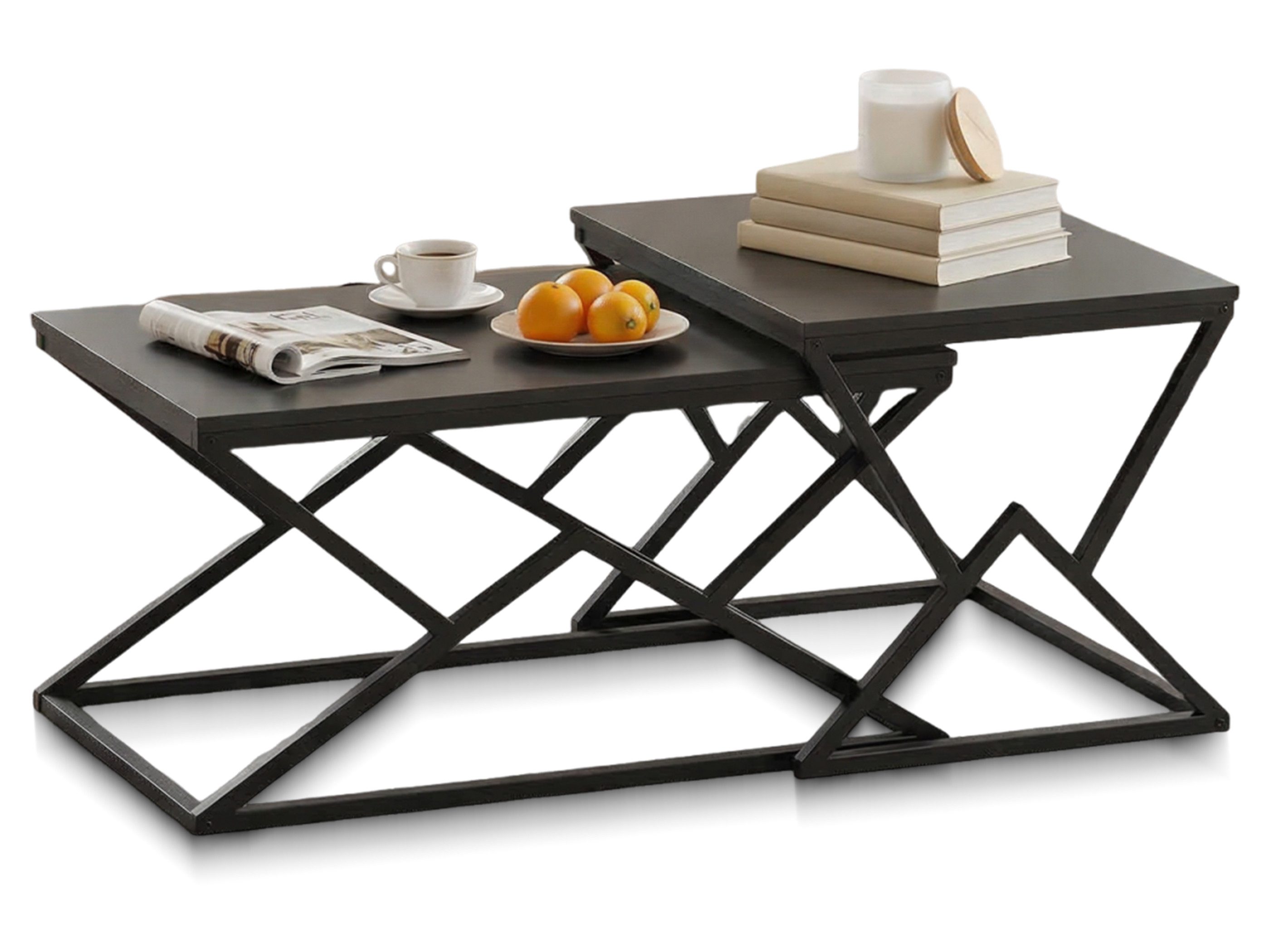 SeedWave Couchtisch Beistelltisch Eisengestell Stapeltisch mit Rechteckigen Tischplatten, geometrische Kreuzstruktur, 2-in-1 Sofatisch für Balkon, Garten