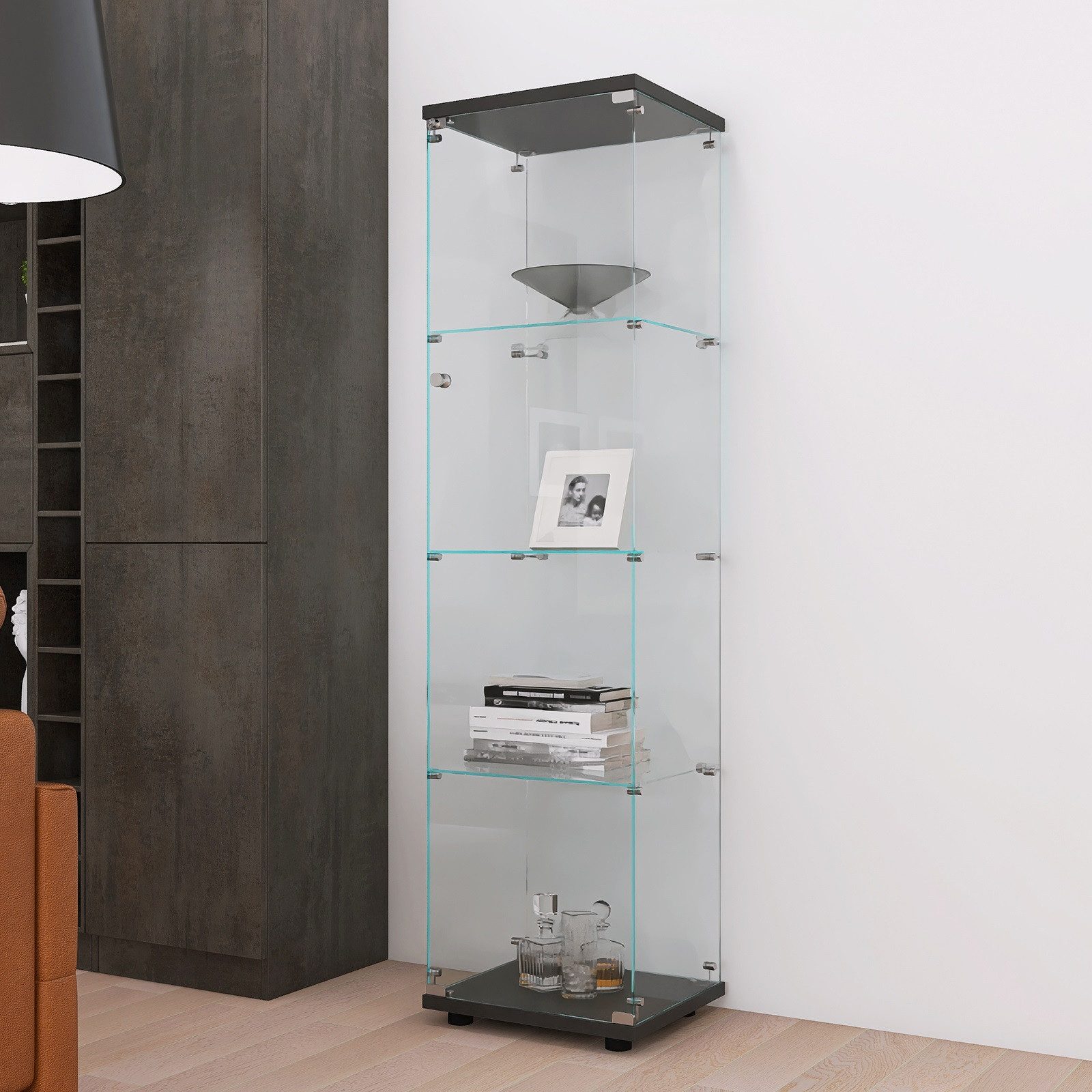 BELUPAI Glasvitrine Modern Glas Vitrine Vitrinenschrank (Set, 1-St., 4 Böden Standvitrinen mit 1 Glastür) für Sammlerstücke Bücher Wein, 42x36x164cm, Schwarz