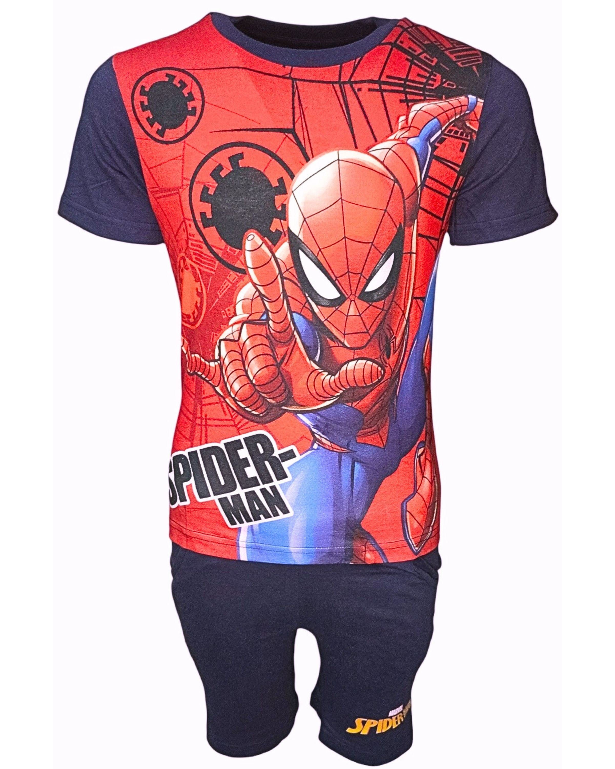 T-Shirt Gr. - Set Hose cm Kurze Shorty Dunkelblau Spiderman & 98 (2 128 Marvel tlg) Jungen