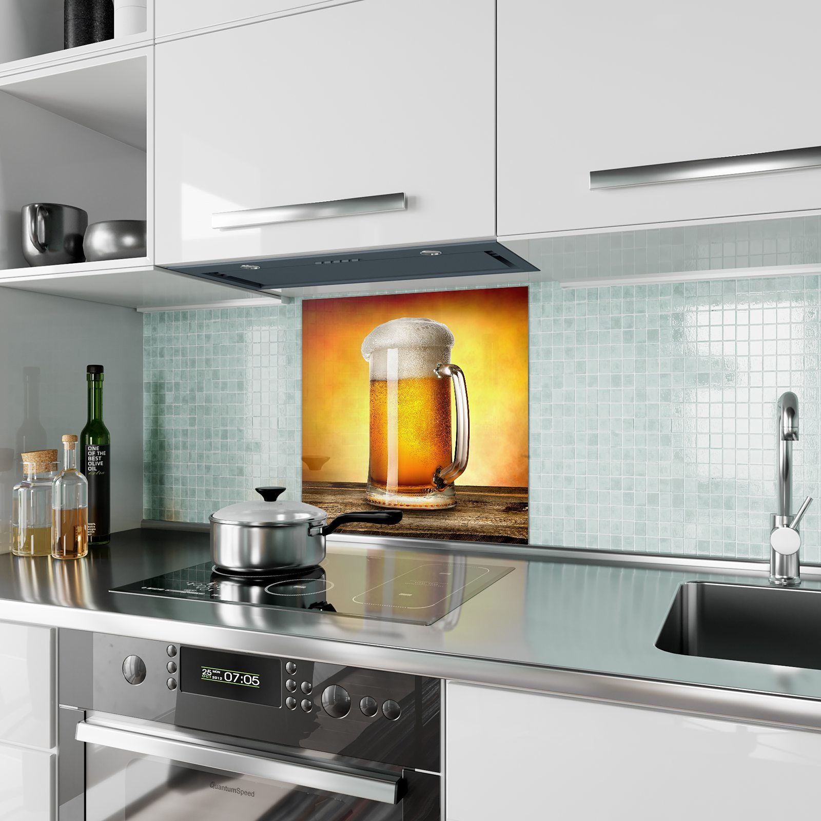 Primedeco Küchenrückwand Küchenrückwand Spritzschutz Glas mit im Bier Motiv Glasbecher