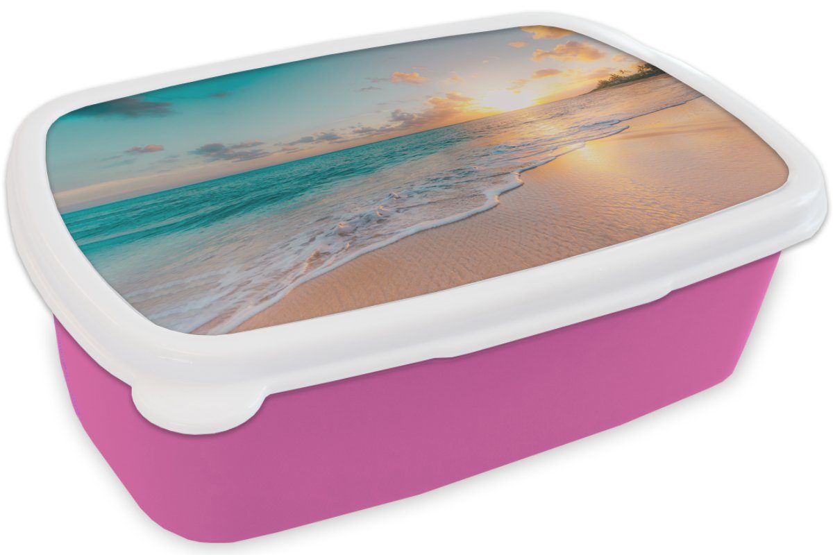 Brotdose Snackbox, Brotbox - (2-tlg), Meer rosa Kunststoff Lunchbox Erwachsene, für Blau, Strand Kinder, - Kunststoff, - Sonnenuntergang Sommer MuchoWow - Mädchen,