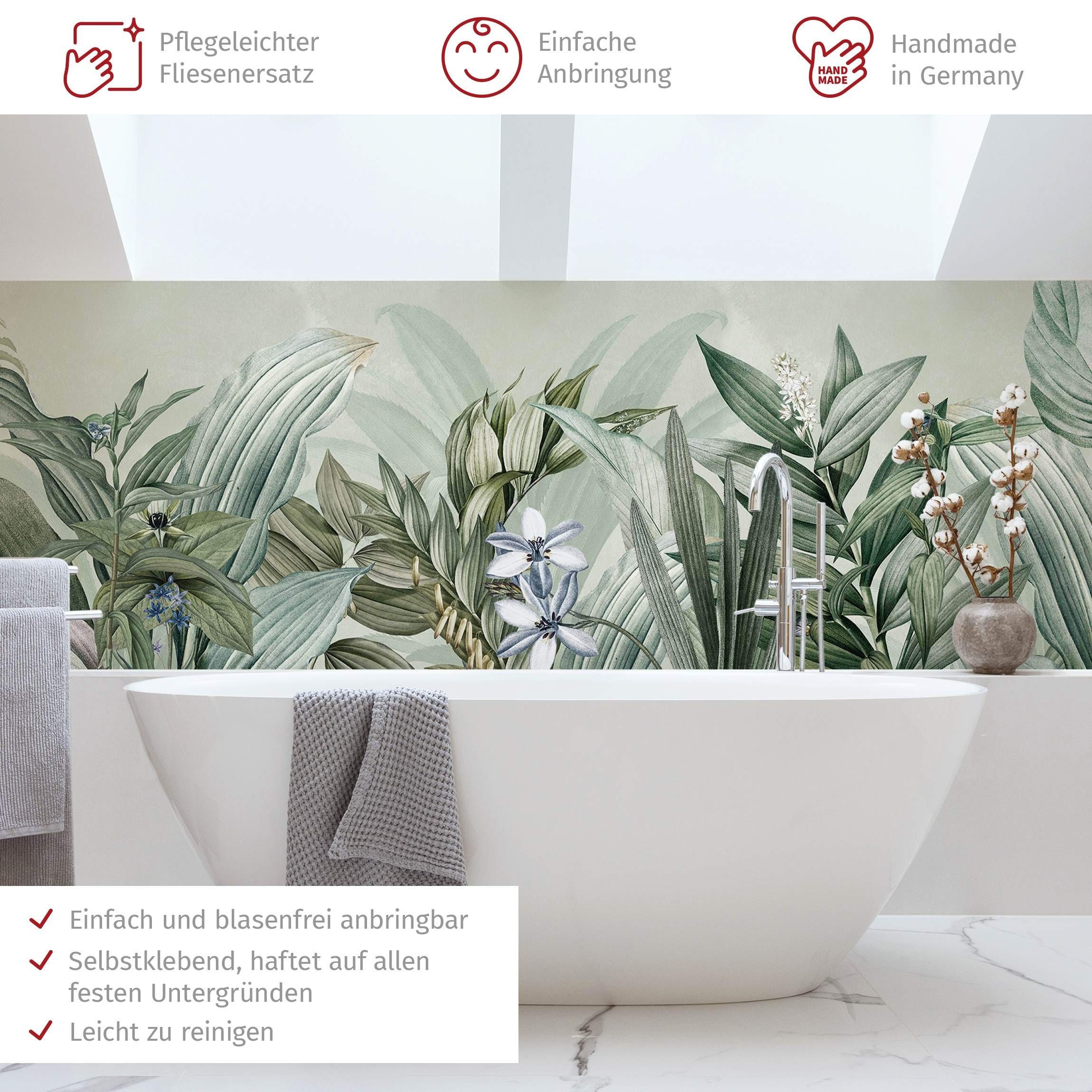 Bilderdepot24 Badrückwand grün fugenlose Wandverkleidung Bad Tropisch, (Hartfolie matt » Selbstklebend SMART 0,35 mm), wasserfestes Wandpaneel Zartgrüne Dschungellandschaft