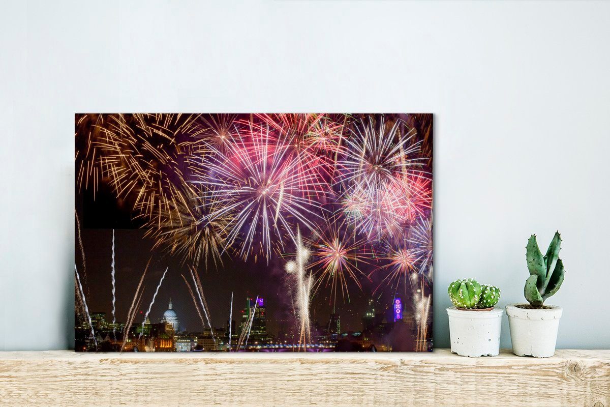 Wandbild in cm 30x20 zu London Leinwandbilder, (1 St), OneMillionCanvasses® Aufhängefertig, Wanddeko, Leinwandbild Feuerwerk Silvester,