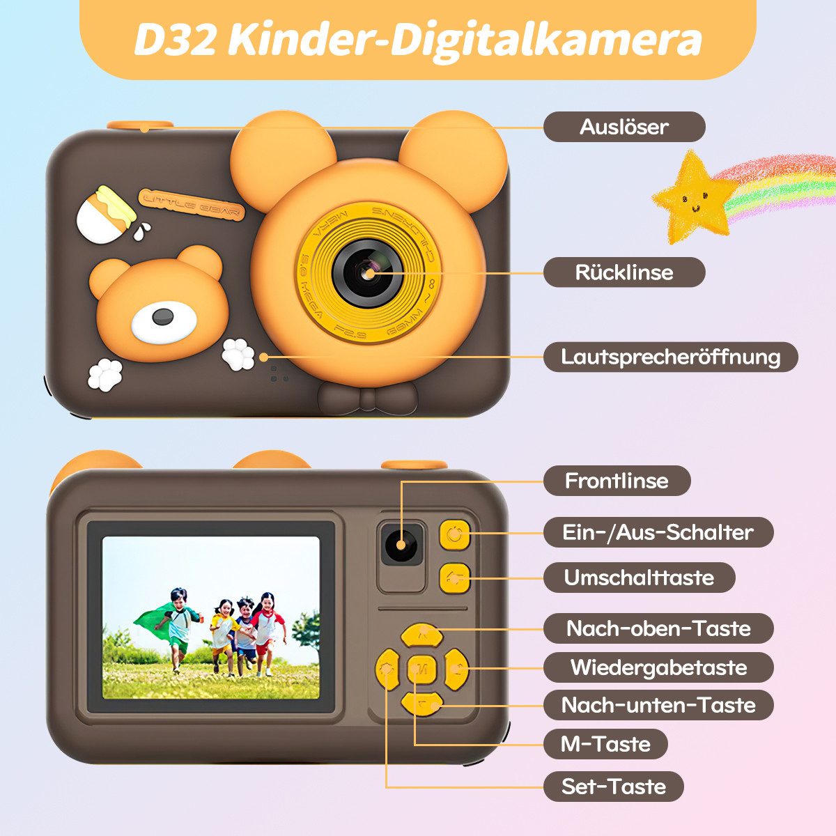 MOPUEA Kinderkamera mit Dualobjektiv, 32GB, 1080P, 2" Display Kinderkamera (inkl. Kinderkamera mit Dualobjektiv, 32GB Speicher und Zubehör, Dualobjektiv, 1080P Video, 26MP Fotos, Silikonhülle, 32GB)