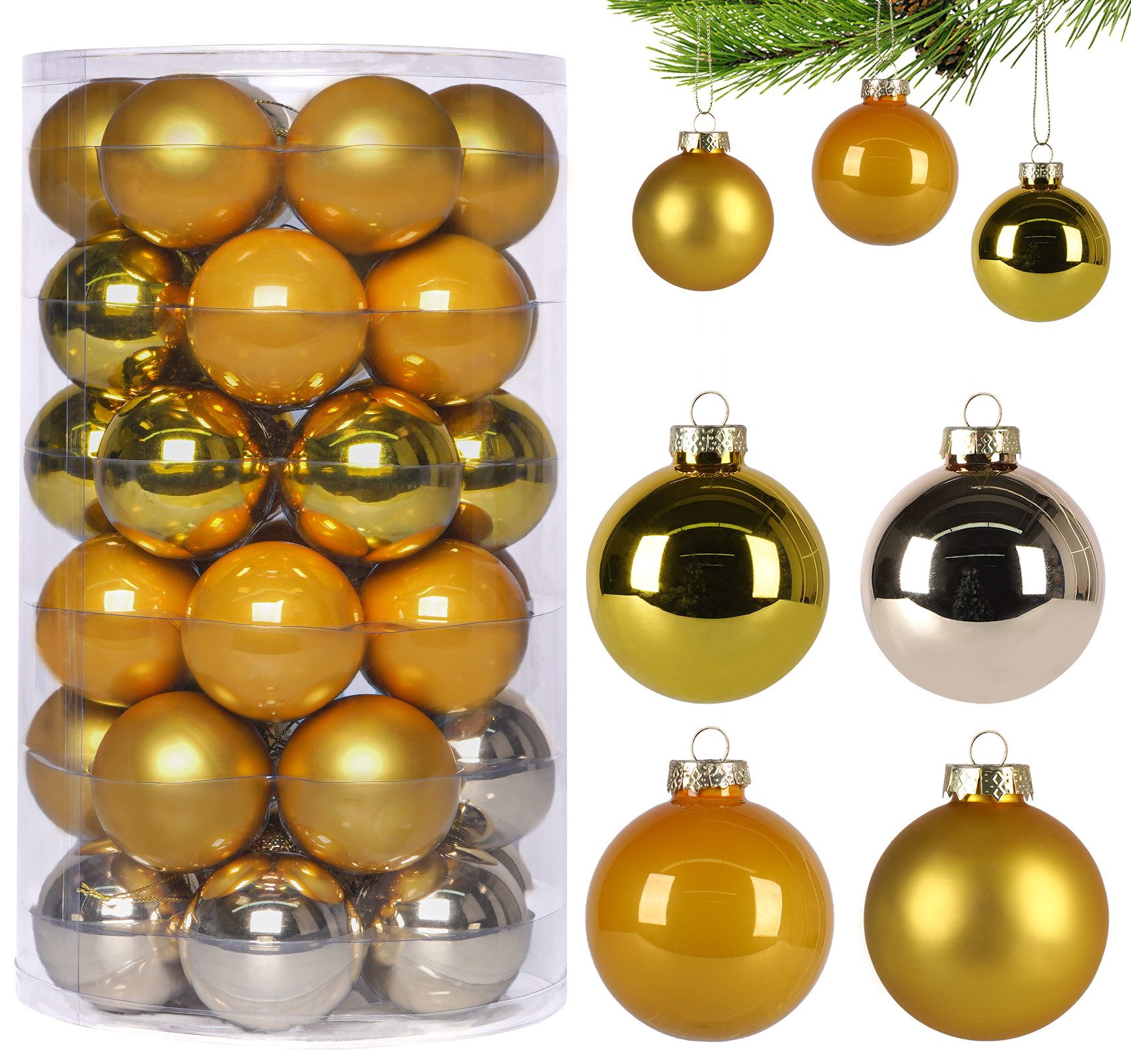 ElitVita Weihnachtsbaumkugel 36 Stück Ø 6 cm Glas Christbaumkugeln Set mit Anhänger (36 St), Christbaumschmuck für Weihnachtsbaum Dekoration