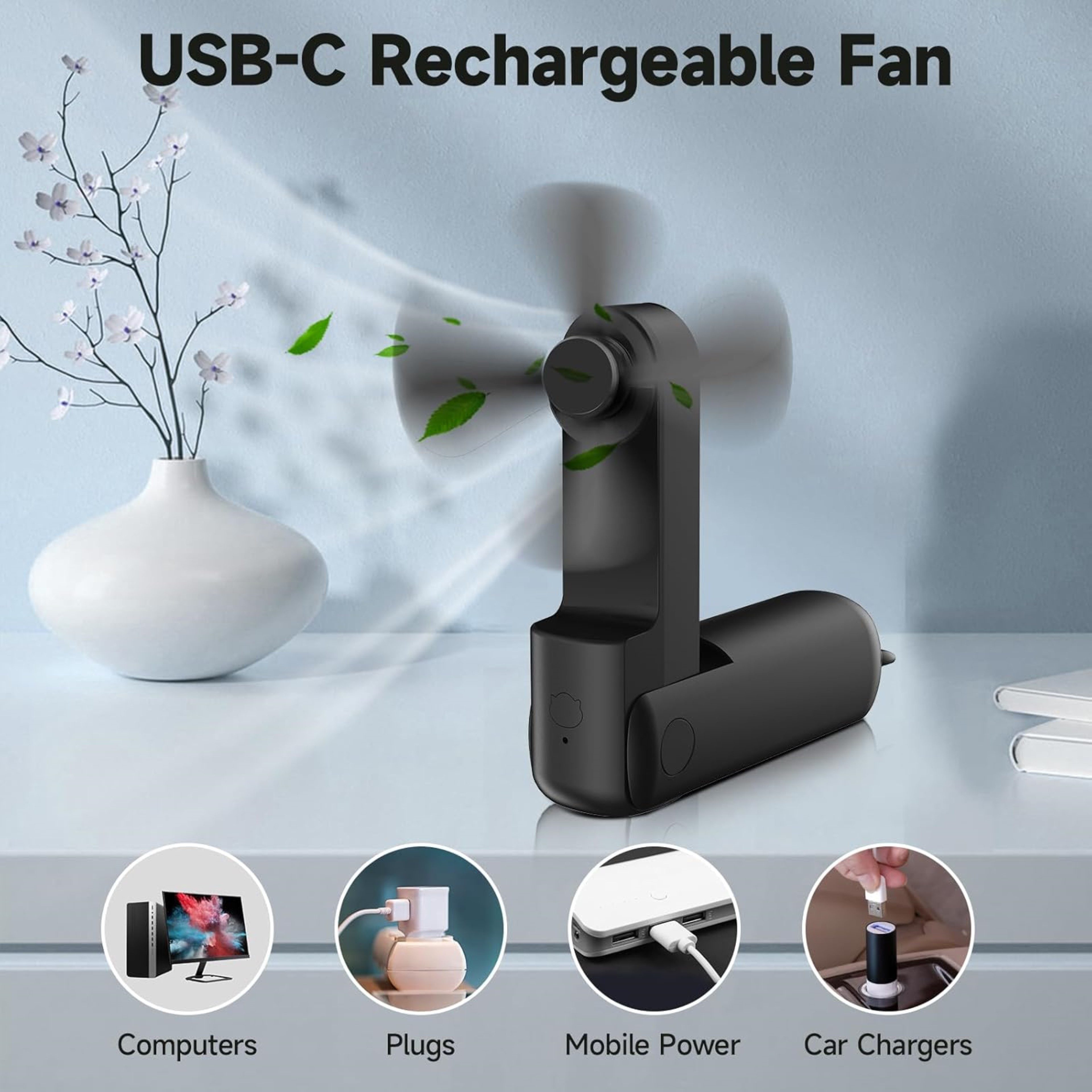 LA CUTE Handventilator Tragbarer Mini Handventilator faltbar USB-C Akku leise Schwarz, Faltbar, Powerbank-Funktion, 3 Stufen, leise, tragbar