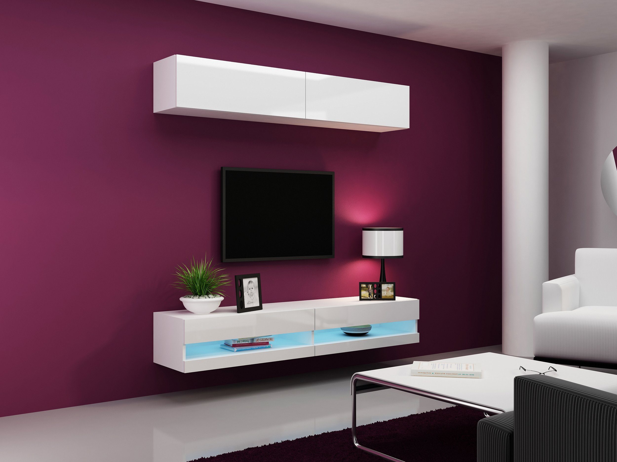 Stylefy Wohnwand Vago N X, (Set (3-St), Wohnmöbel, Wohnzimmer-Set), bestehend aus 1xLowboard und 2xHängeschrank, Hochglanzfronten, mit Push-to-Open, inkl. LED-Beleuchtung Weiß/Weiß Hochglanz