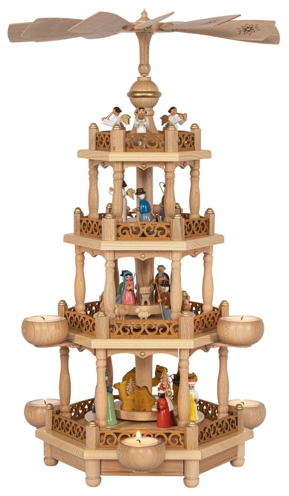 Weihnachtspyramide Teelichtpyramide Christi Geburt mit bunten Figuren, 3-stöckig