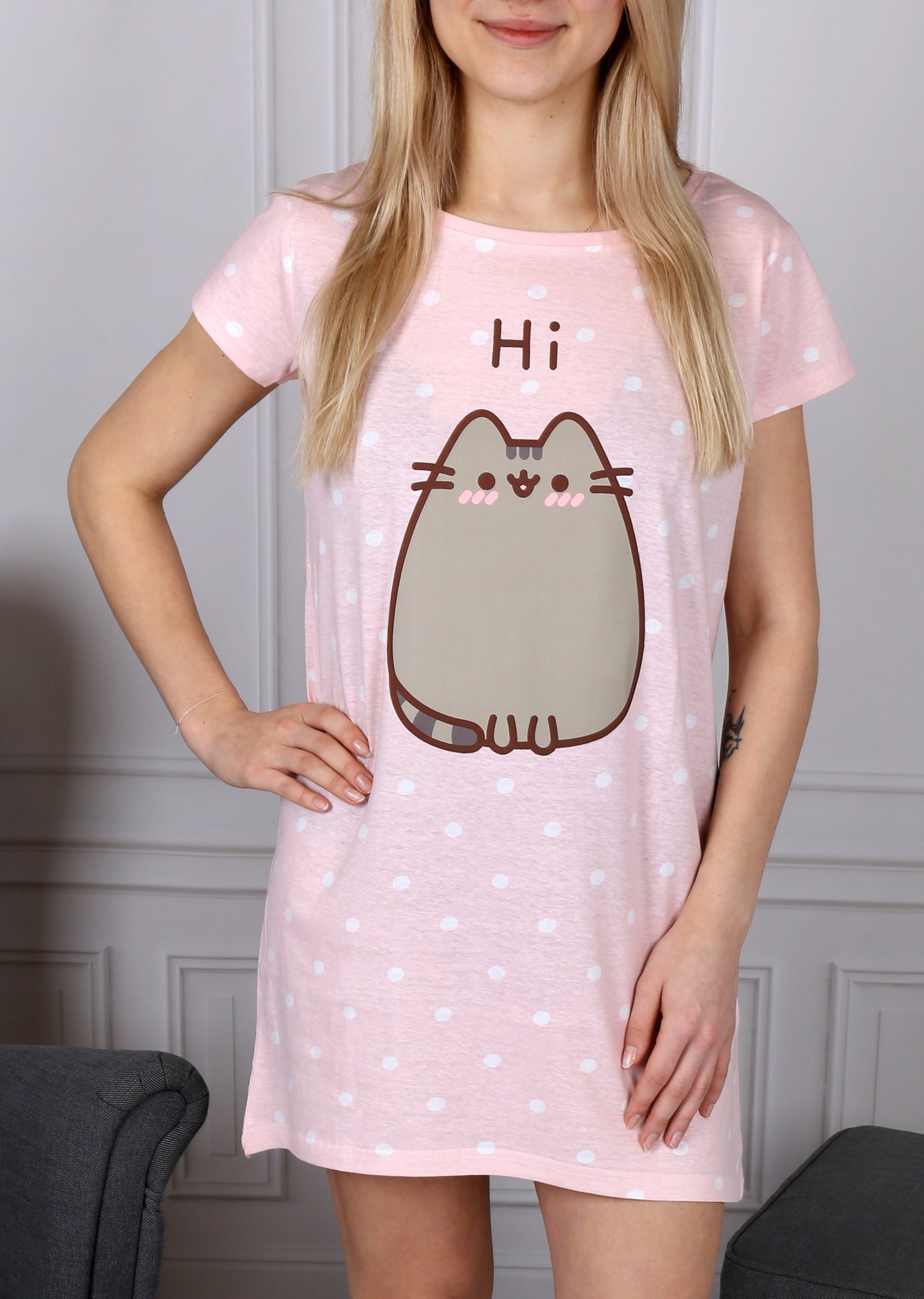 Sarcia.eu Nachthemd Pusheen Damen Nachthemd kurzarm, gepunktet, 100% Baumwolle