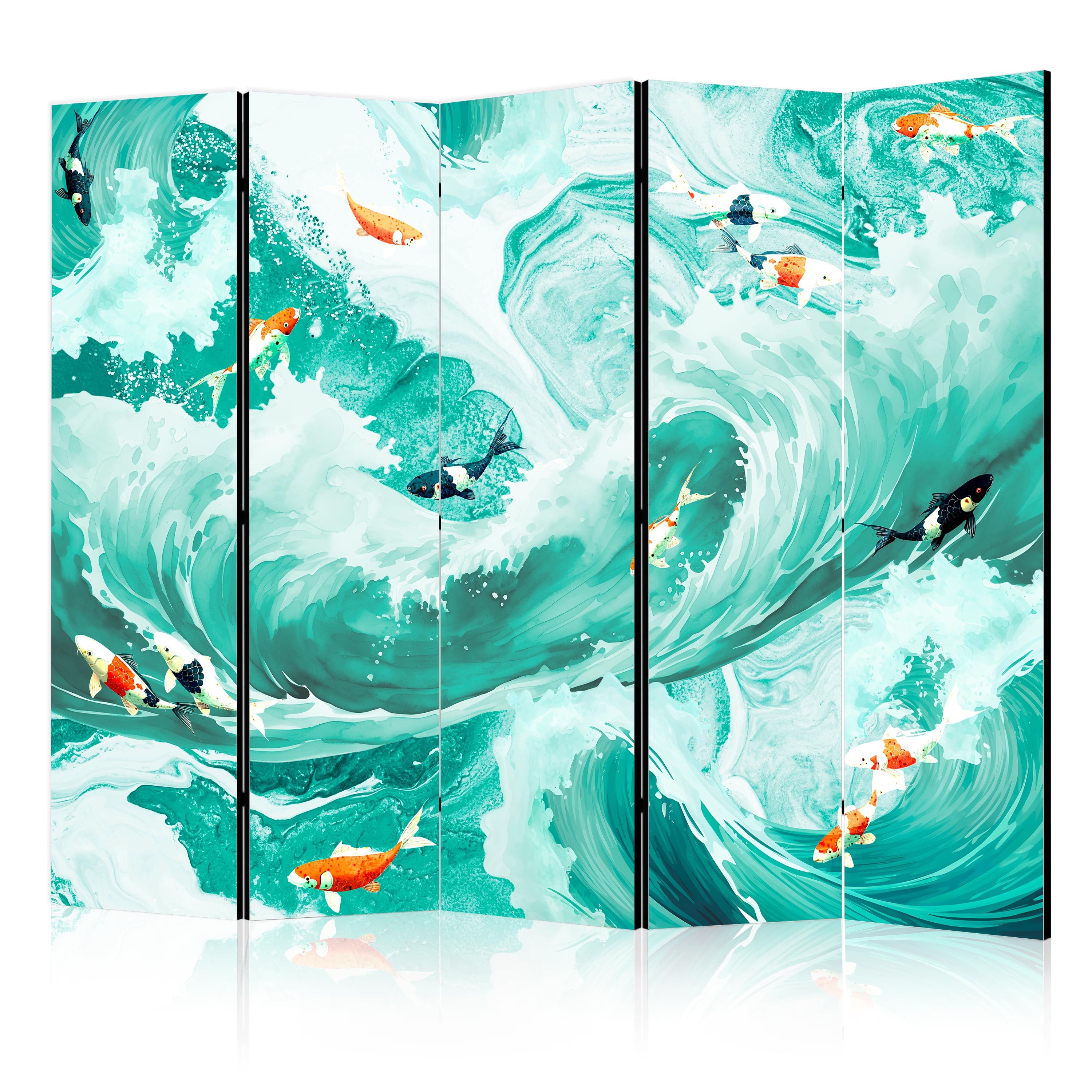 Muralo Paravent 5-teilig Raumteiler klappbar Fische und Meereswellen (Packung, 1 St., 225x172 cm), 3 Varianten, Für das Wohnzimmer, das Schlafzimmer