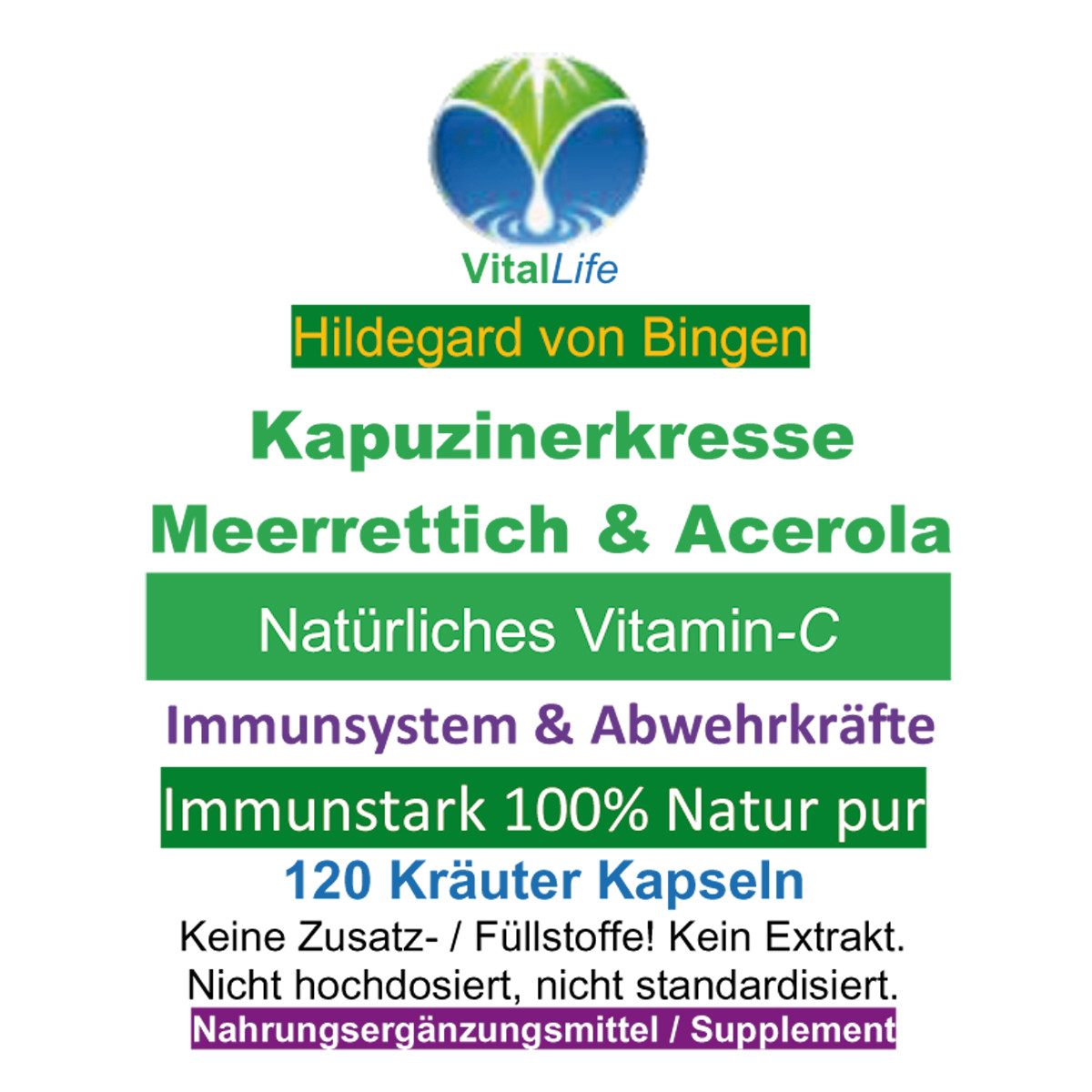 VitalLife Immunstark Kapuzinerkresse, Meerrettich, Acerola NATÜRLICHES Vitamin C Kapseln, 1 er Dose à 120 St., 55,2 g, Art. 26665-120