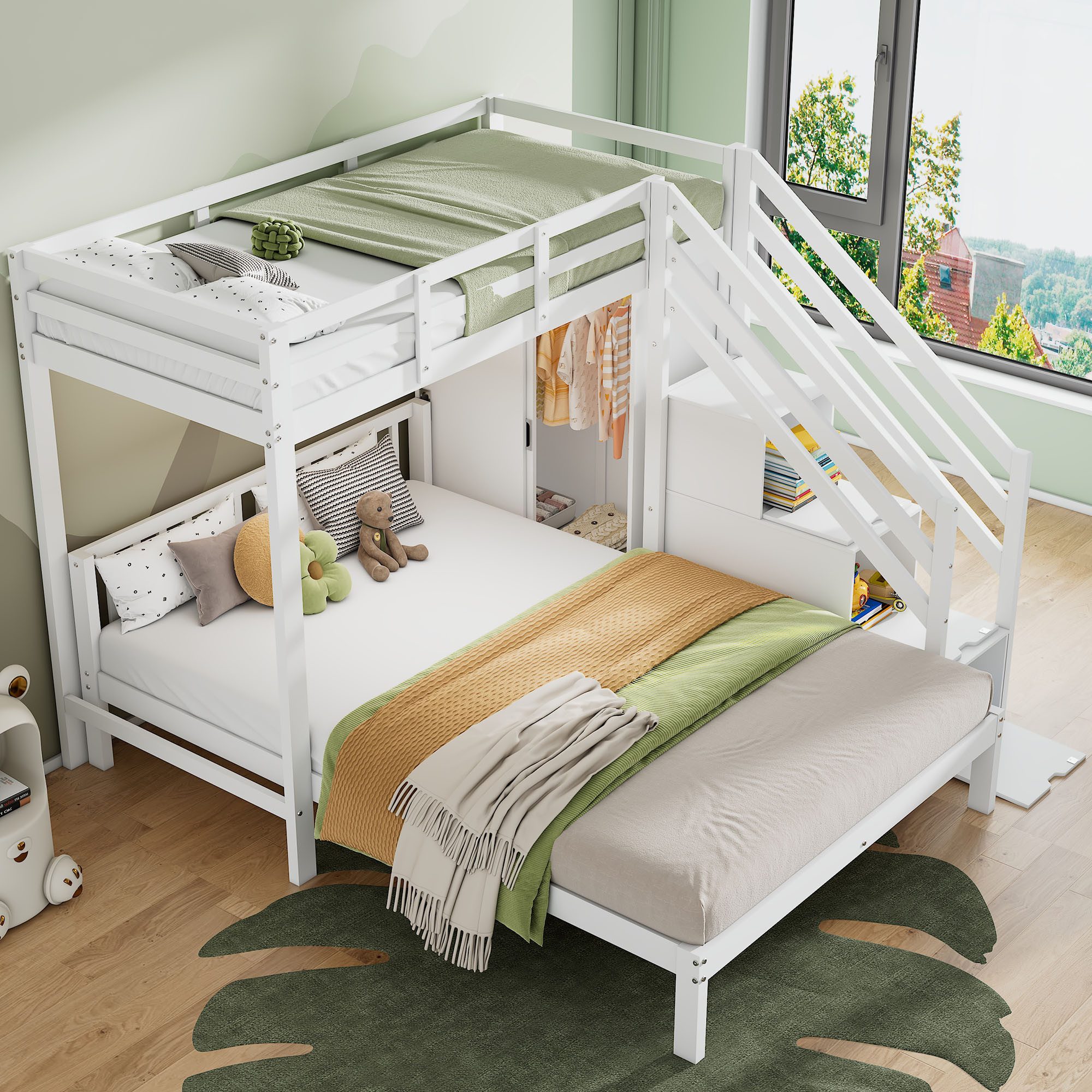 Flieks Etagenbett, Kinderbett 90x200cm+140x200cm mit Stauraumtreppe und Kle günstig online kaufen