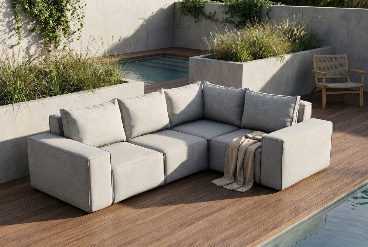 Friderik-EU Gartensofa Garten-Ecksofa 246x181 cm, wasserdichter Bezug, 5 Sitzplätze, moderne Jeans-Optik, einfache und schnelle Montage