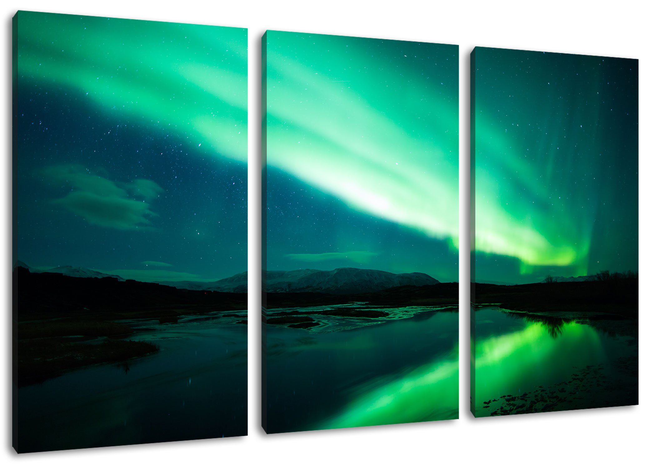 Pixxprint Leinwandbild Polarlichter in Skandinavien, Polarlichter in Skandinavien 3Teiler (120x80cm) (1 St), Leinwandbild fertig bespannt, inkl. Zackenaufhänger