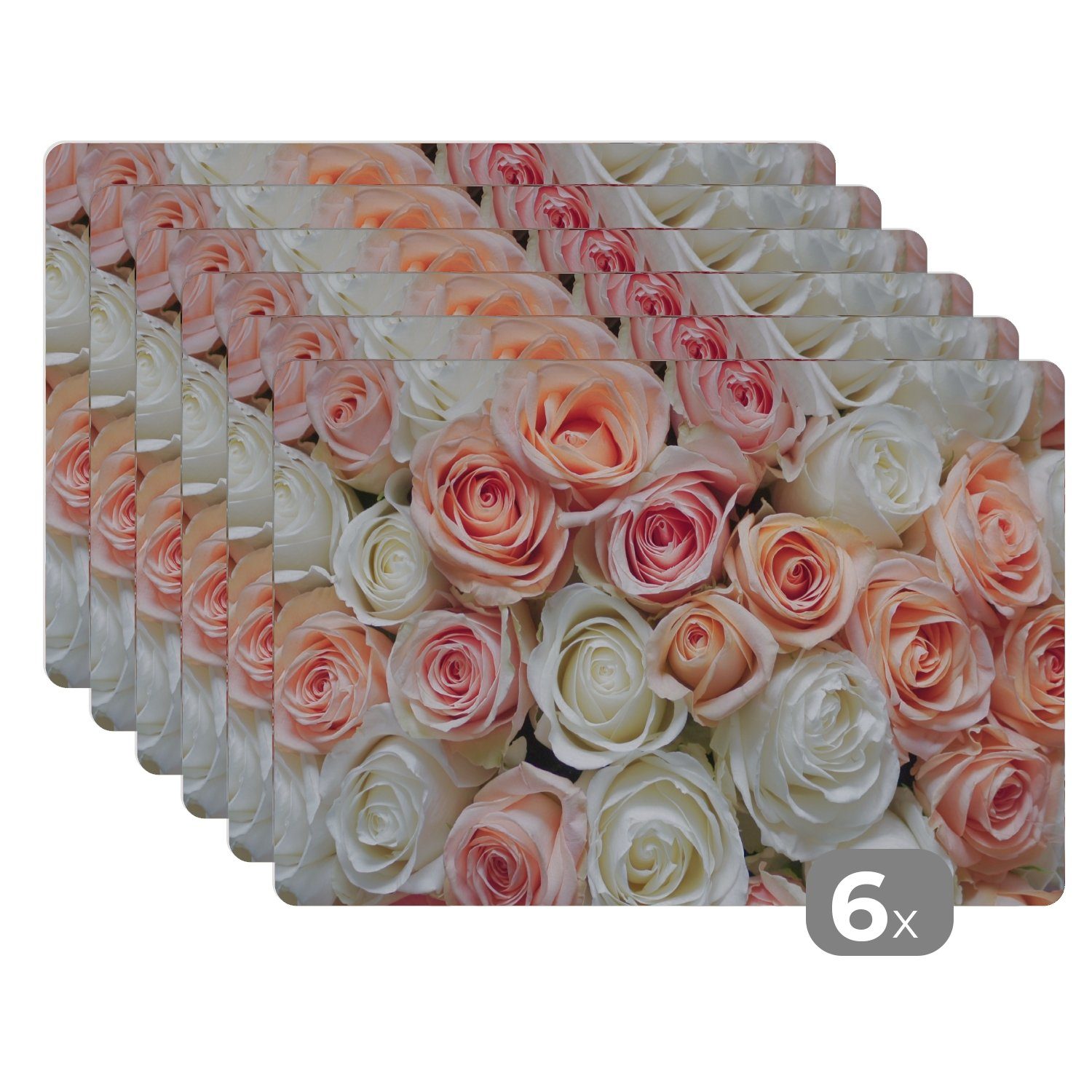 MuchoWow Platzset Rosen - Blumen - Weiß - Rosa, (6-St), Platzsets, Tischset, Abwaschbar, Tischsets, Platzdeckchen