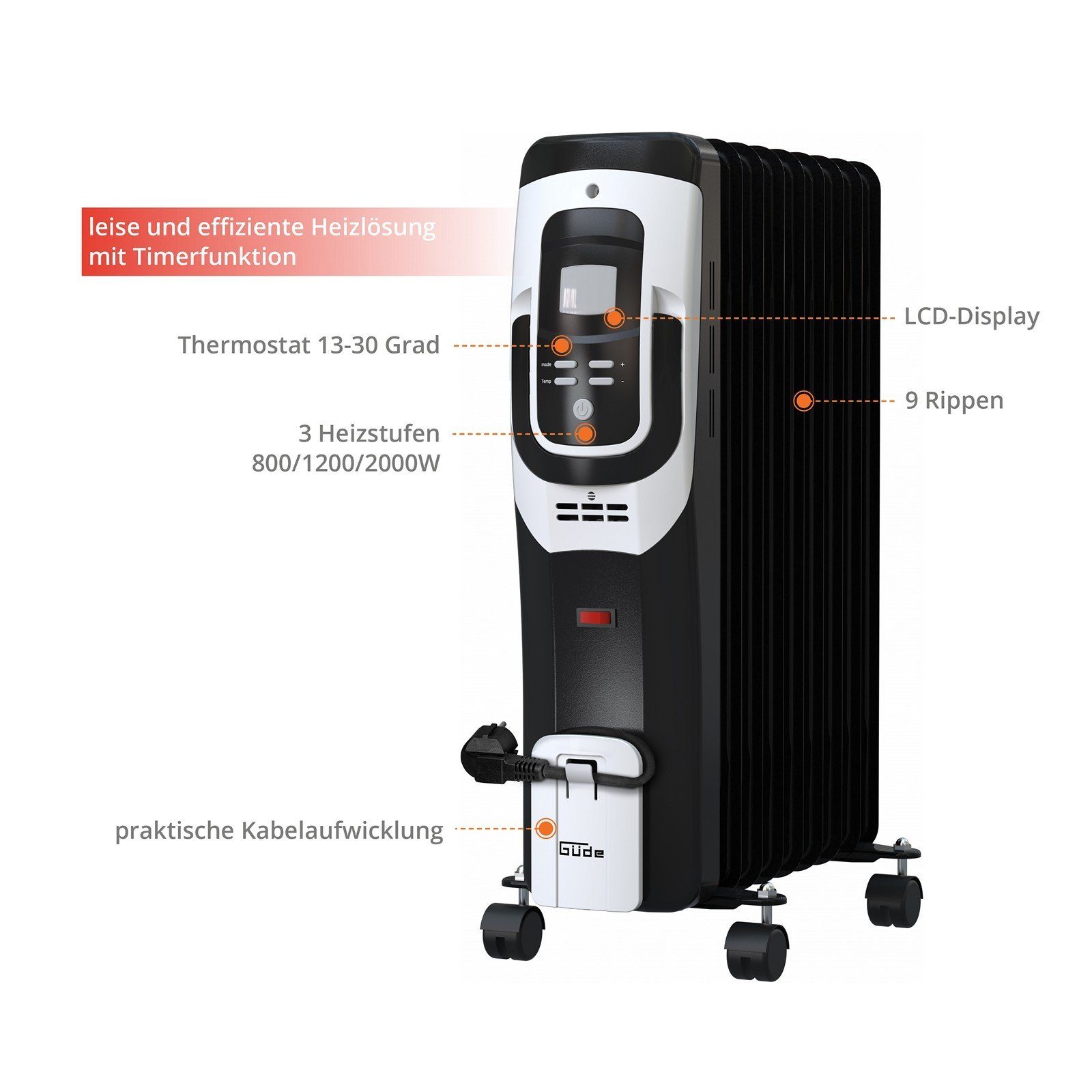 Güde Heizstrahler Ölradiator Elektroheizung OR 2000-9 DT - 85192, 3 Heizstufen, Thermostat, Überhitzungsschutz