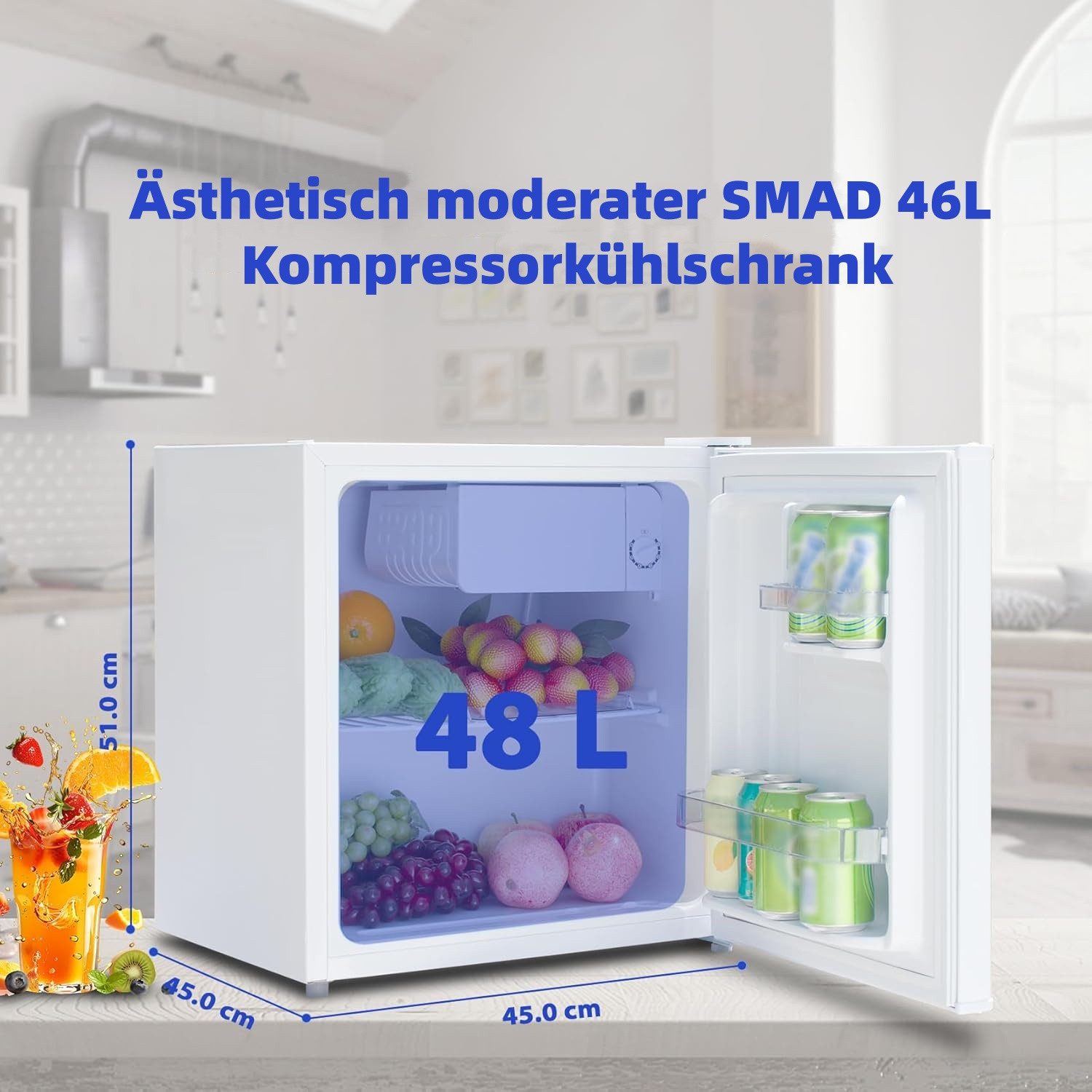 Smad Table Top Kühlschrank DSF-48D6E, 51 cm hoch, 45 cm breit, Schlafzimmer, Büro, Hotellounge, Minibar