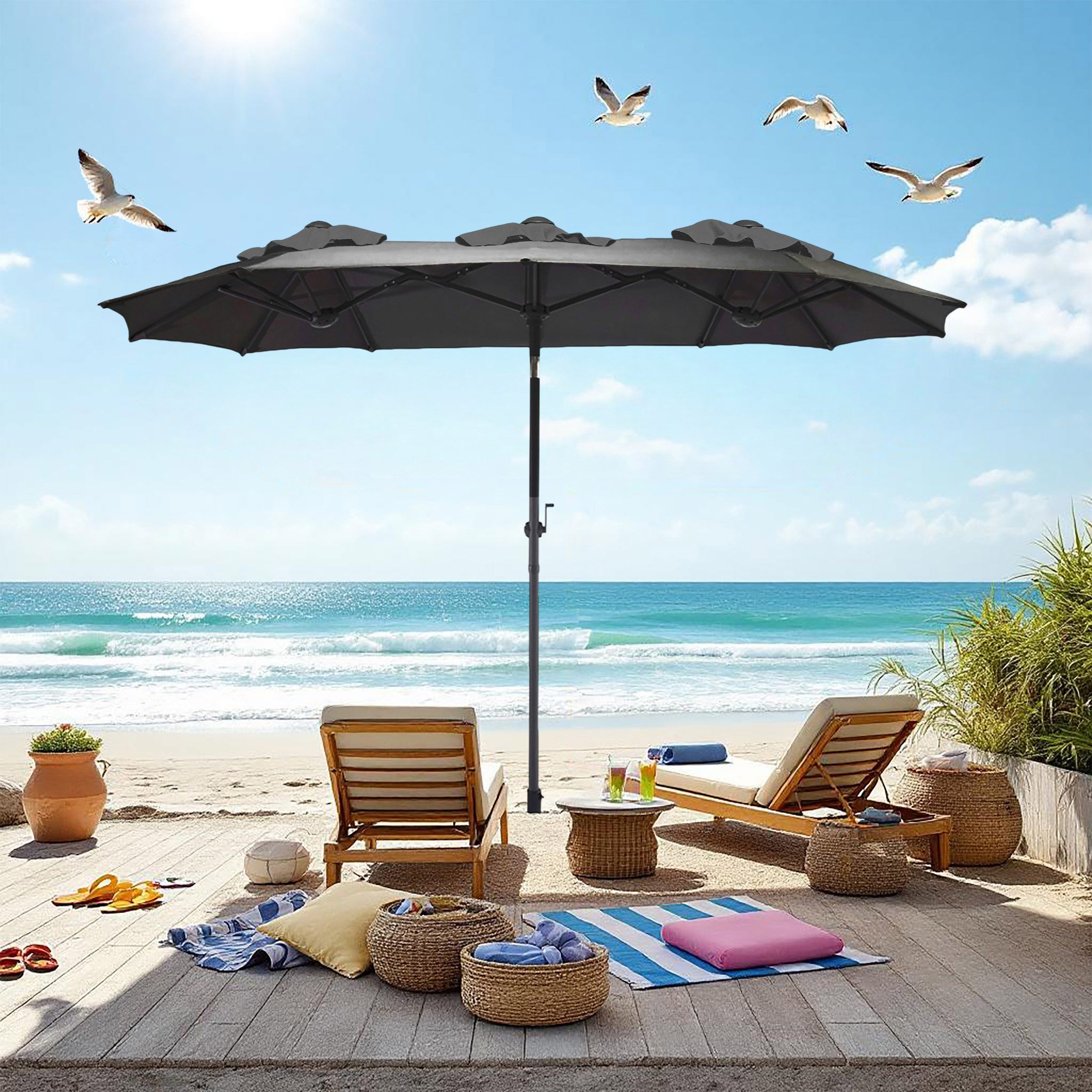 Spetebo Sonnenschirm Doppel Sonnenschirm 300 x 150 cm - anthrazit, LxB: 300.00x150.00 cm, Packung, mit Handkurbel, Drei Kuppel Sonnenschutz Gartenschirm – Bild 5 von 5