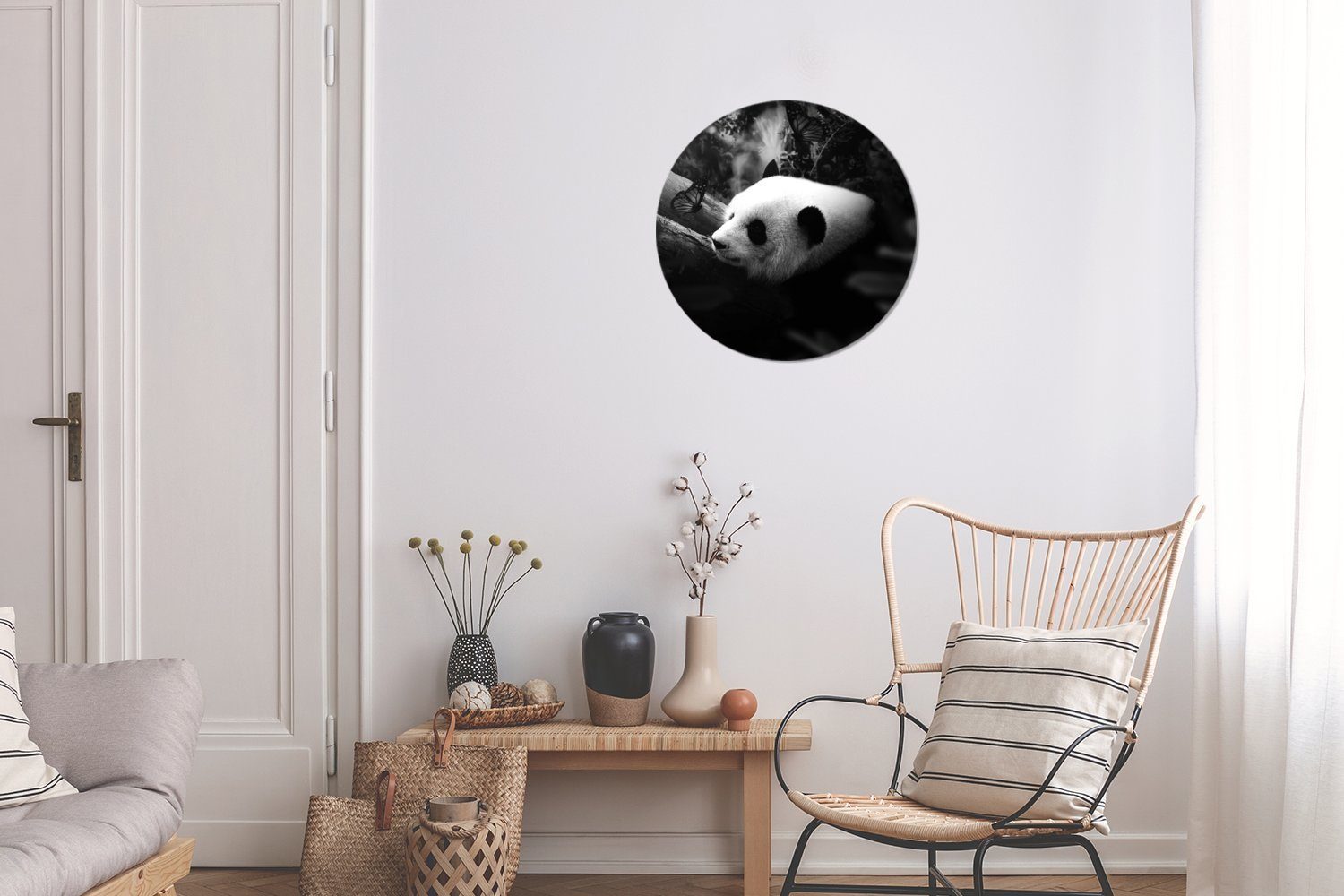 Schwarz für - Tapetenkreis Weiß - Wohnzimmer - Wandsticker - Panda (1 Rund, MuchoWow Kinderzimmer, St), Tapetenaufkleber, Dschungel Tiere