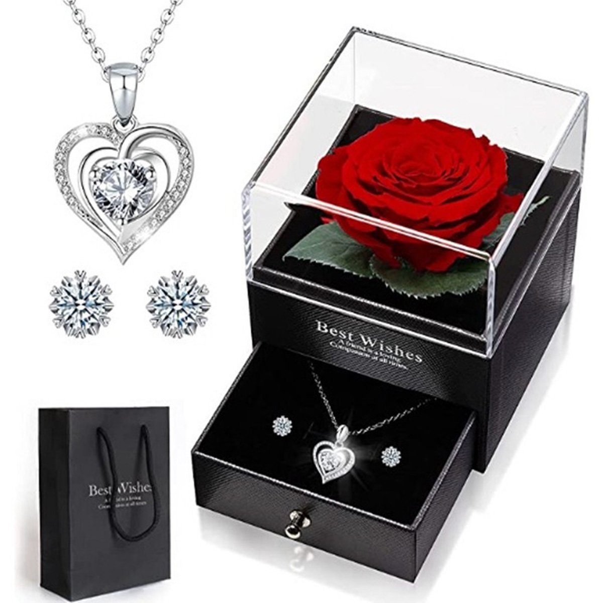 yozhiqu Charm-Ketten-Set Rote echte Rosen-Schmuck-Geschenkbox mit Halskette und Ohrringen, Zeitloses Geschenk für Frauen zu Valentinstag, Muttertag, Geburtstag