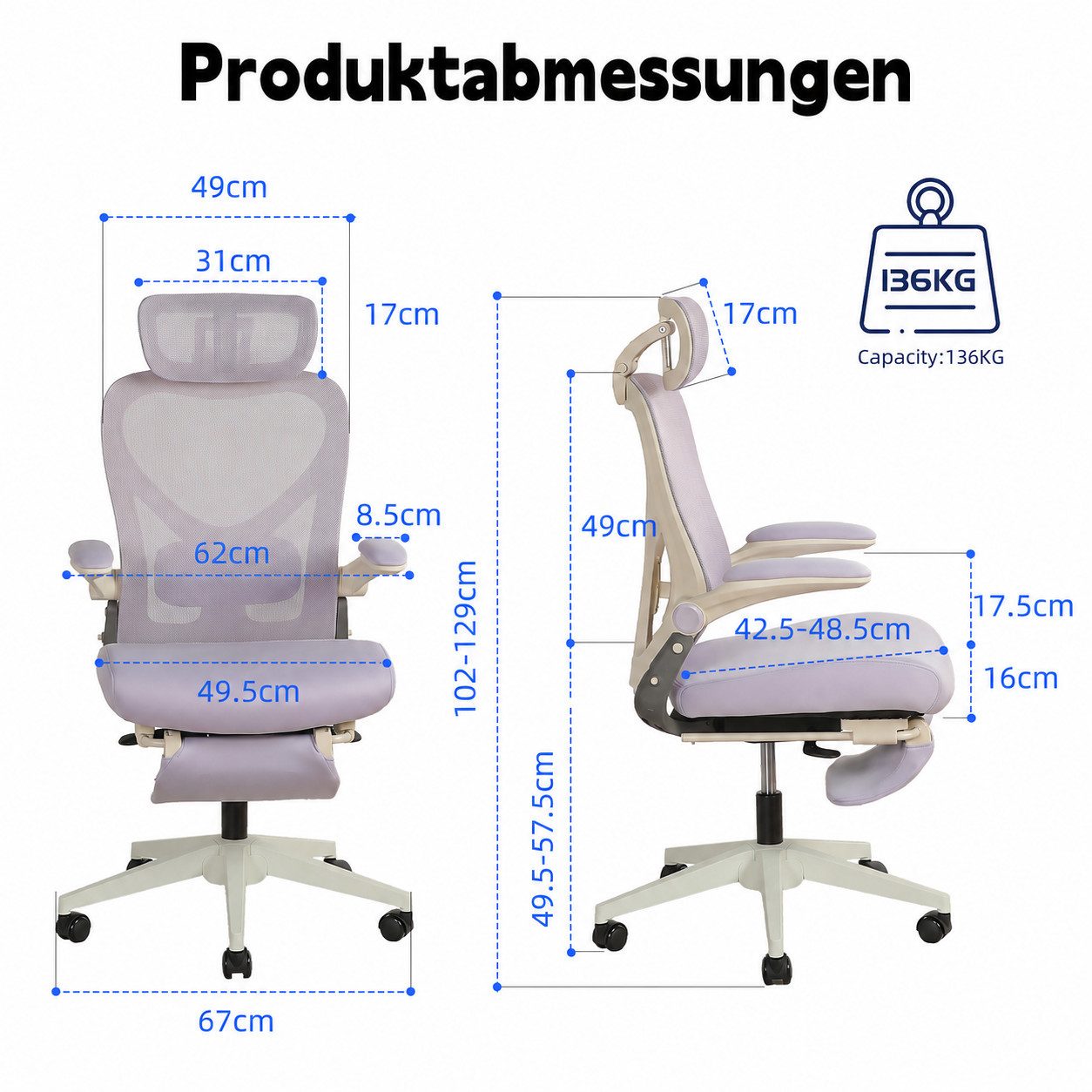 Vankel Bürostuhl Ergonomischer Drehstuhl mit Fußstütze, Kopfstütze & Lordosenstütze, Klappbarer Schreibtischstuhl mit Mesh-Rückenlehne für Homeoffice