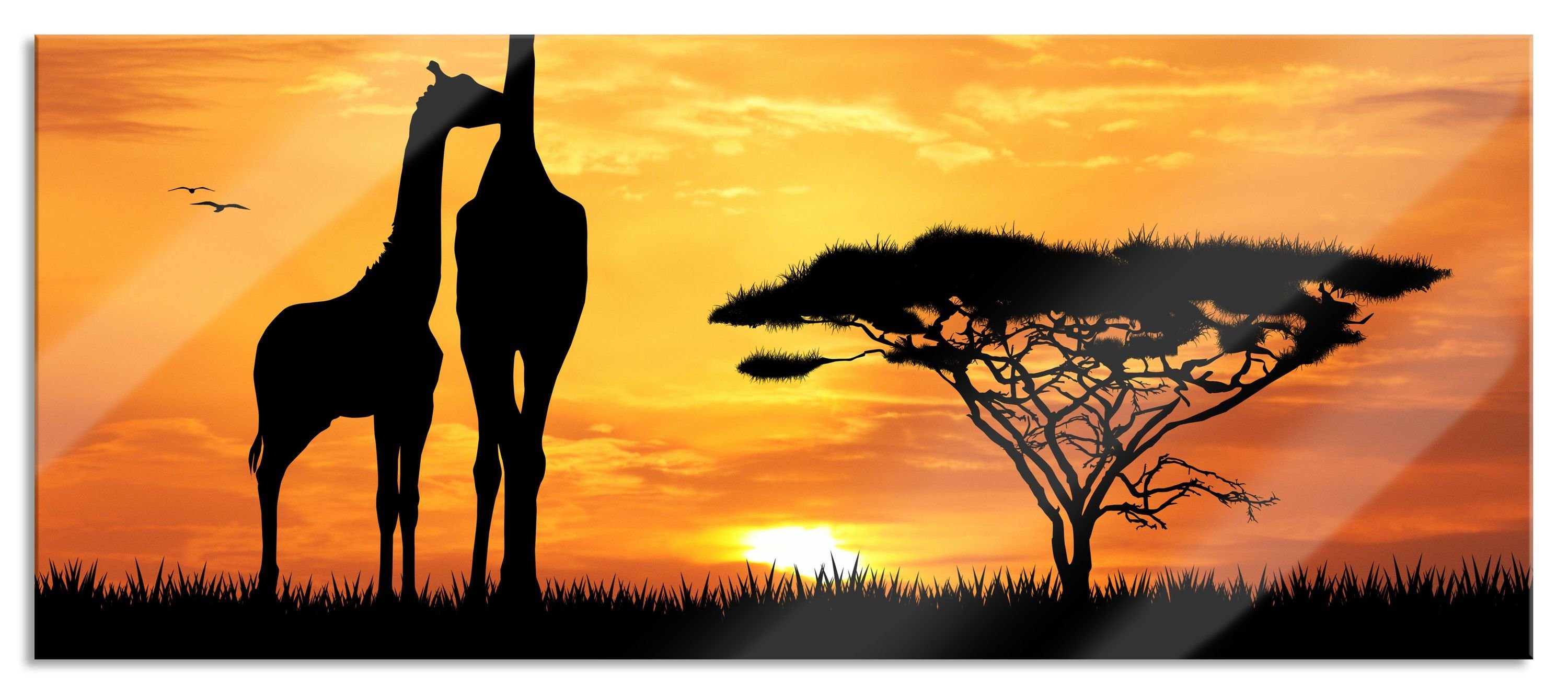 Pixxprint Glasbild Giraffen im Sonnenuntergang, Giraffen im Sonnenuntergang (1 St), Glasbild aus Echtglas, inkl. Aufhängungen und Abstandshalter
