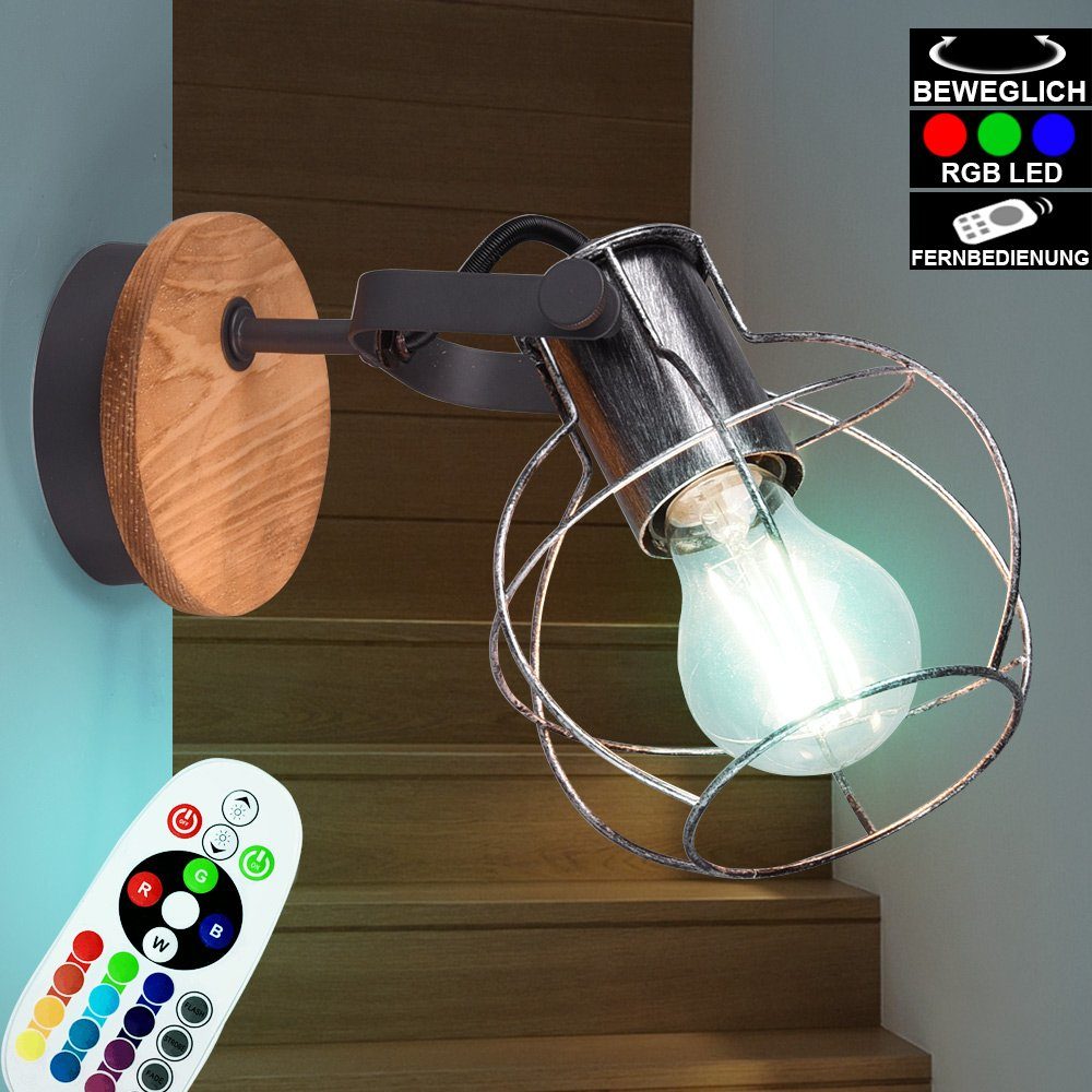 etc-shop LED Wandleuchte, Leuchtmittel inklusive, Warmweiß, Farbwechsel, Holz Wand Leuchte dimmbar FERNBEDIENUNG Spot Lampe verstellbar im Set