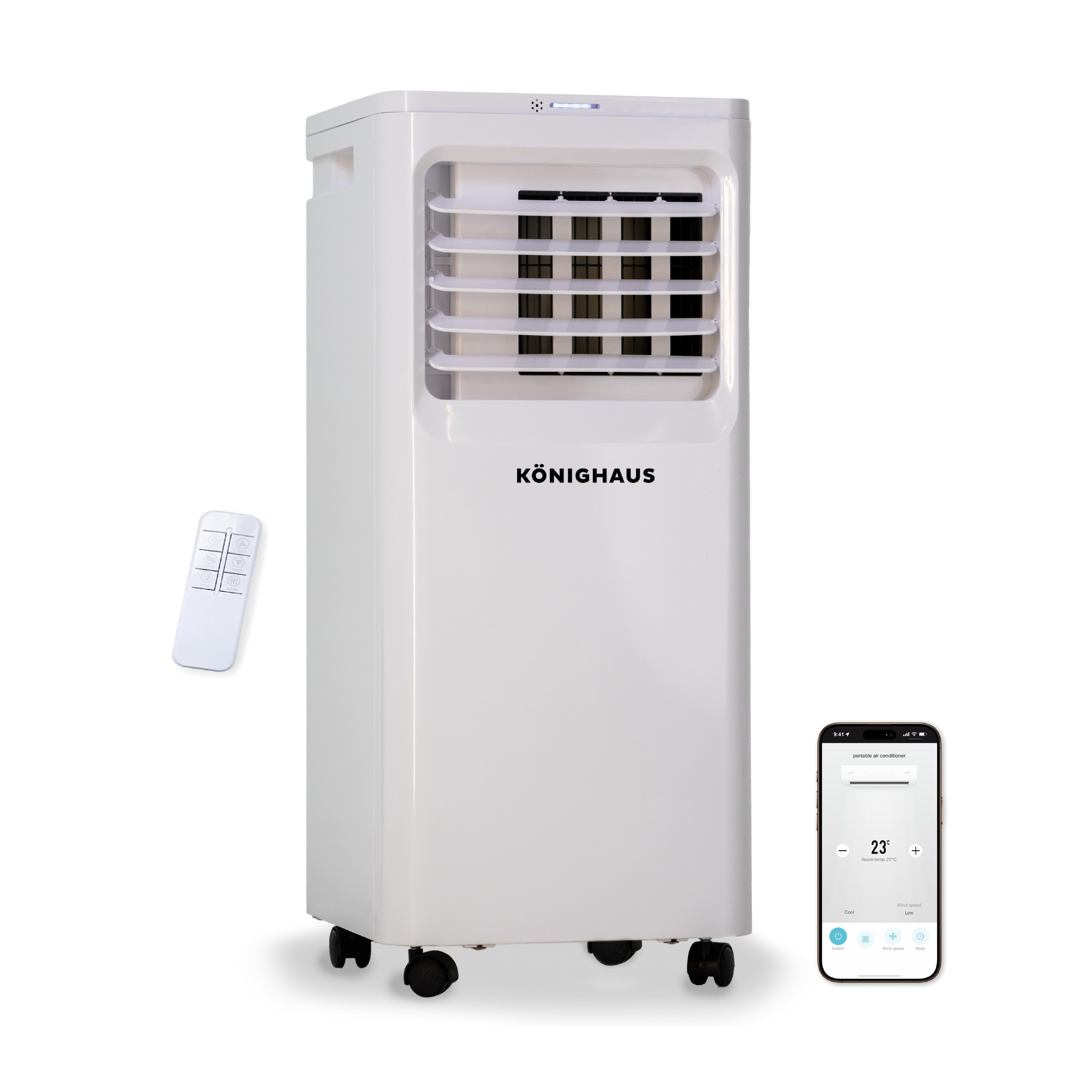 Könighaus 4-in-1-Klimagerät Smarte Mobile Klimaanlage, Schnell & Effizient, 7000 - 9000 BTU, 4-in-1: Kühlung, Entfeuchter, Ventilator, Luftreiniger, Mobil & Smart