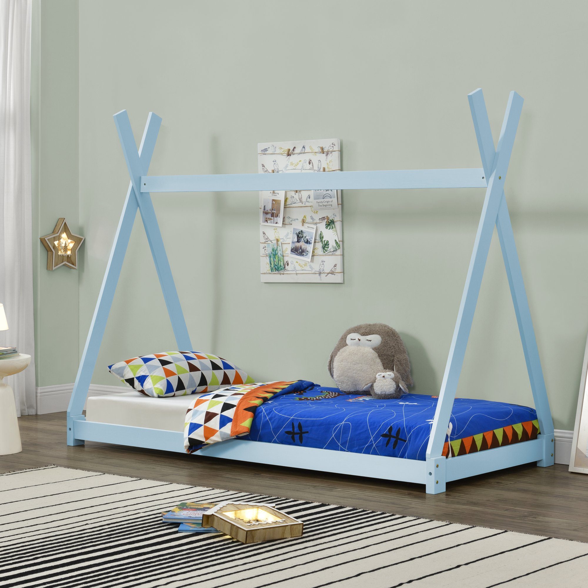 en.casa Kinderbett, »Onejda« Hausbett 90x200cm aus Kiefernholz in blau lackiert