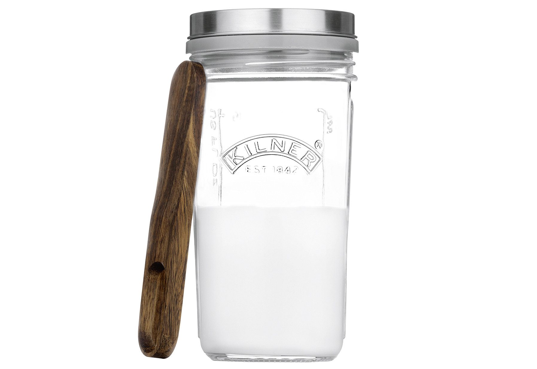 KILNER Fermentationsglas Kefir Set, Glas, (Set, 1 x Gärglas 500 ml, 1 x Edelstahldeckel, 1 x Silikon-Siebdichtung, 1 x Buchenholz-Messlöffel), Kefir-Fermentierset, 500 ml, Glas mit Edelstahldeckel