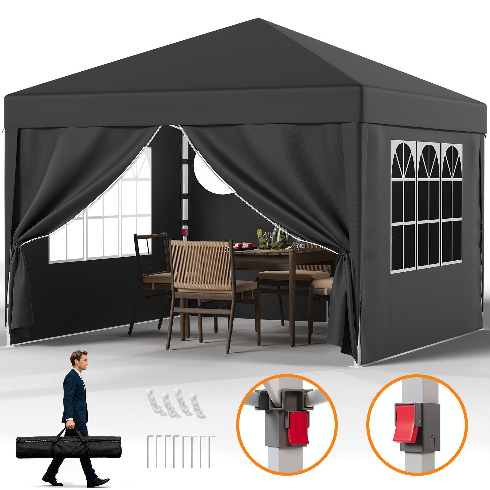 HOMALL Faltpavillon 3x3 mit 4 seitenteilen wasserdicht Pop Up Pavillon UV-Schutz 50+, mit 4 Seitenteilen, Partyzelt höhenverstellbarer, mit Tragetasche, für Garten Camping