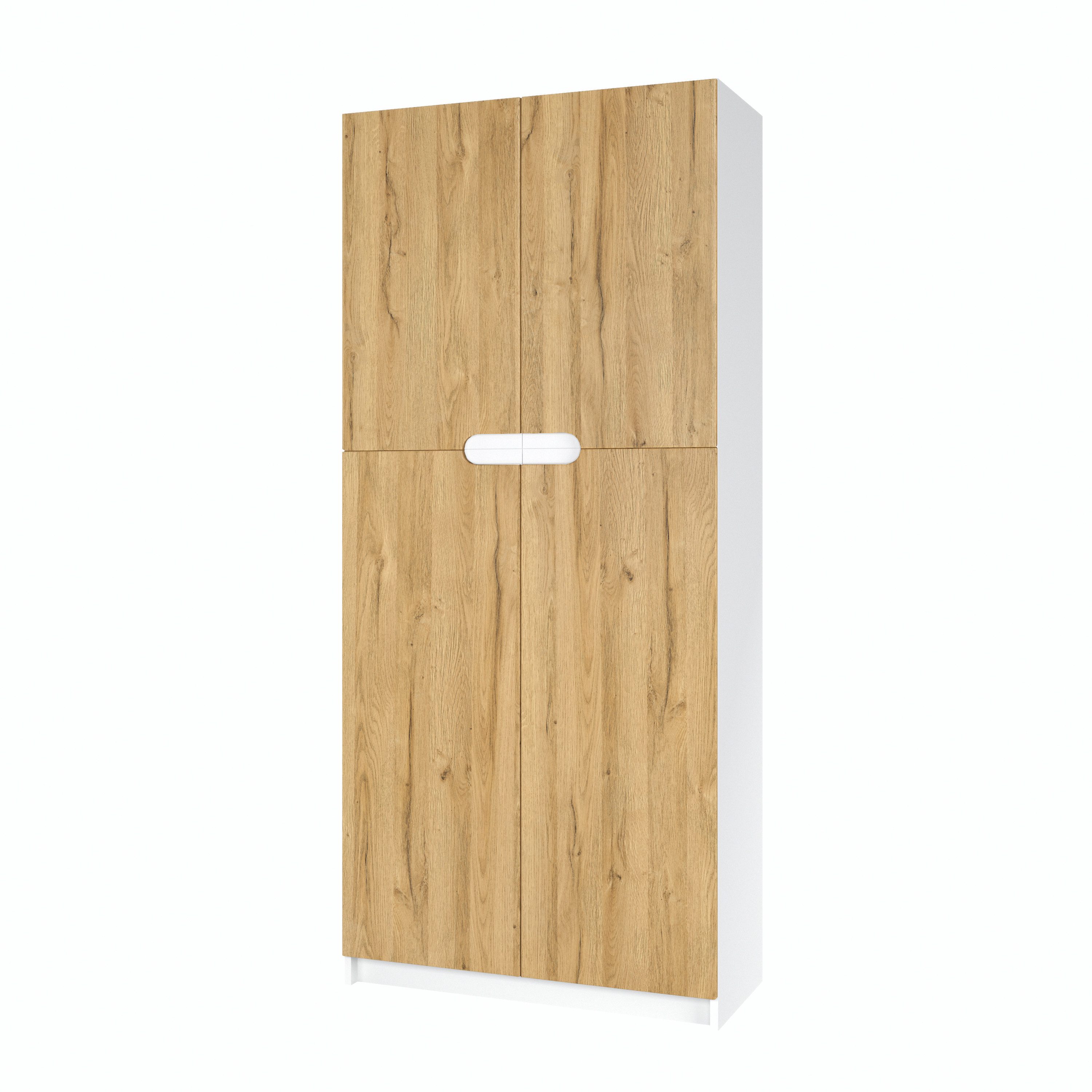 Vladon Aktenschrank Logan (Aktenschrank, mit 5 Fächern und 4 Türen) Weiß matt/Eiche Natur (82 x 184 x 37 cm)