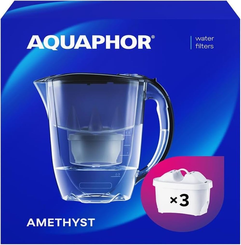 AQUAPHOR Wasserfilter SET Amethyst schwarz inkl. 3 Filterkartuschen MAXFOR+, Zubehör für Filterkartuschen MAXFOR+, +H hartes Wasser & MAXFOR+ Mg. Magnesium, Reduziert Kalk, Chlor & weiteren Stoffen. BPA frei