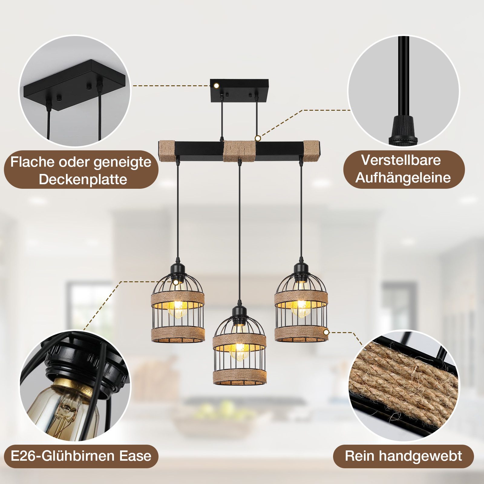 Rosnek LED Pendelleuchte 3-flammige Rattan Küchen Pendelleuchte, Höhenverstellbar & DIY, Halogen, warmweiß, Farmhouse Hängelampe für Kitchen Island & Esszimmer, – Bild 4 von 5