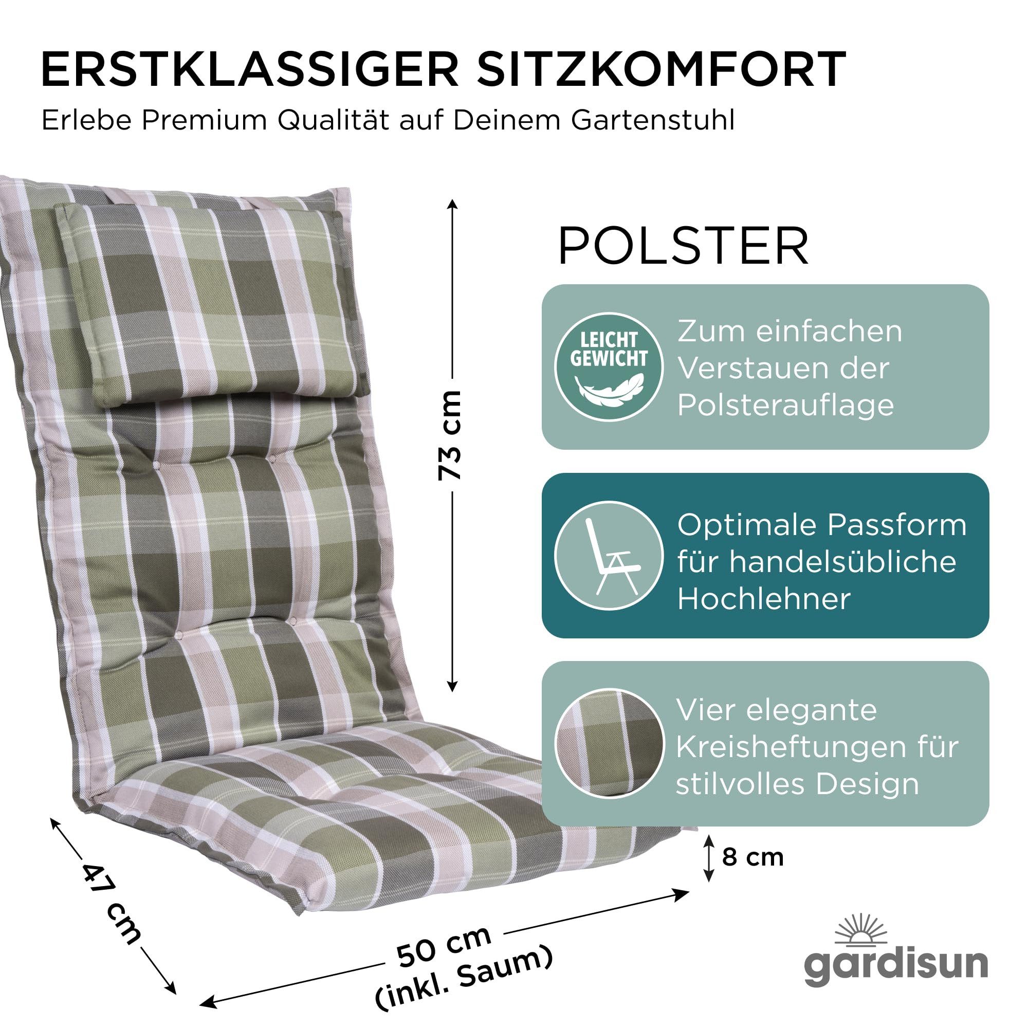 Gardisun Auflagekissen Gartenstuhlauflagen Polyacryl 8cm Hoch, Kopfteil, (Extra dicke Sitzauflage, 1-8er Set, versch. Muster)
