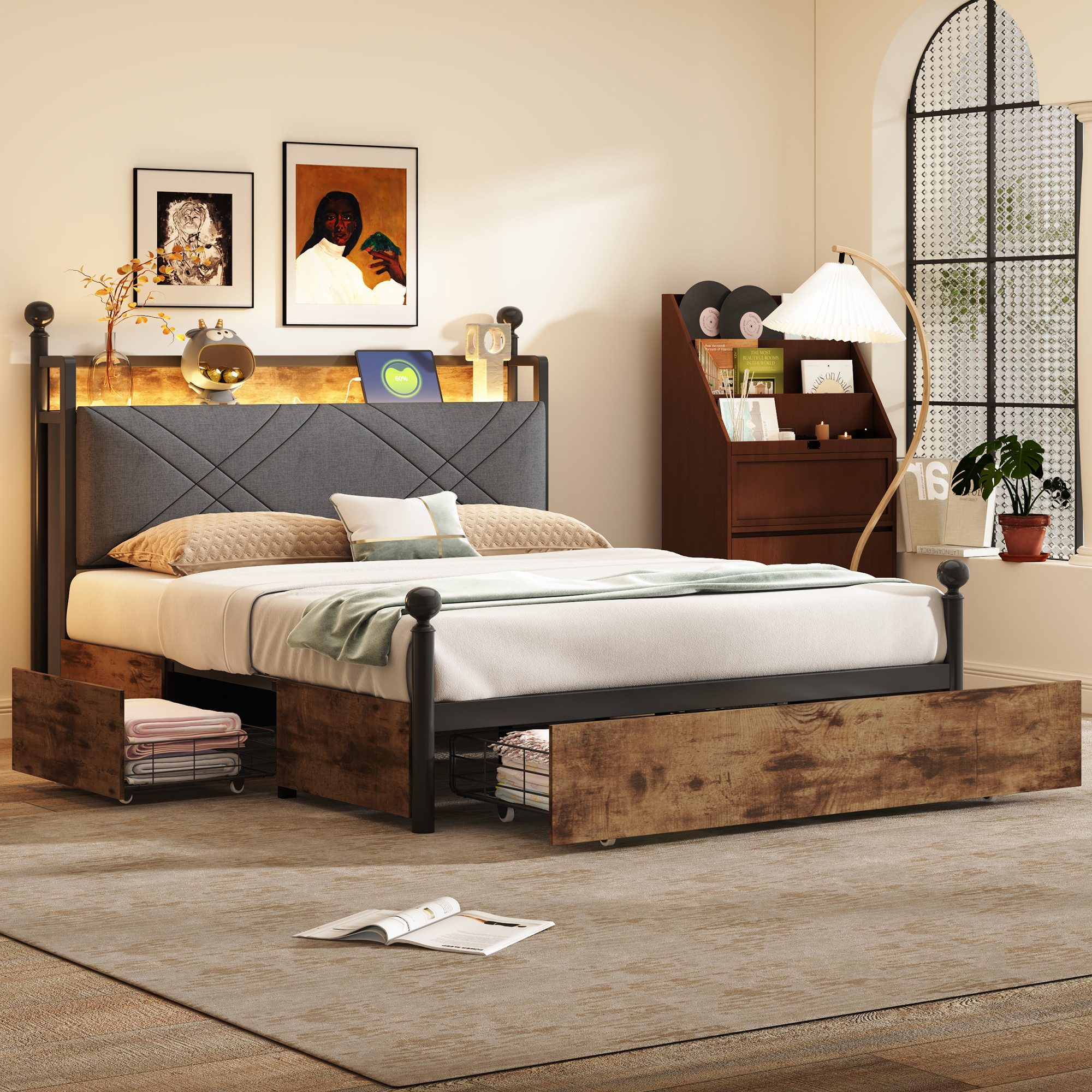 Flieks Himmelbett, Stauraumbett Metallbett 140x190cm mit 3 Schubladen, LED günstig online kaufen