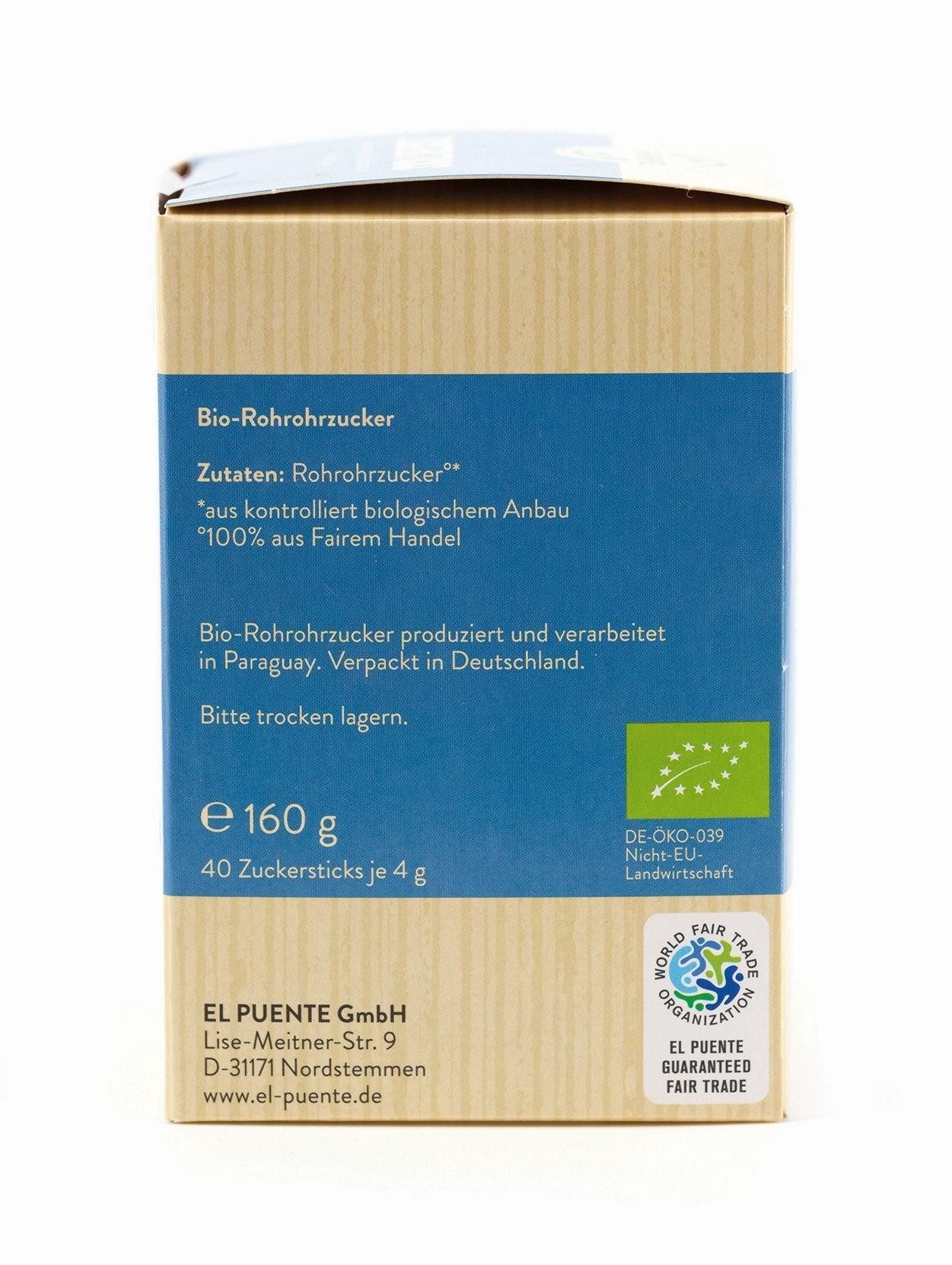 El Puente Zucker Zuckersticks mit Bio-Rohrohrzucker 40 Stück, Fair Trade, Vegan, Bio, Handmade