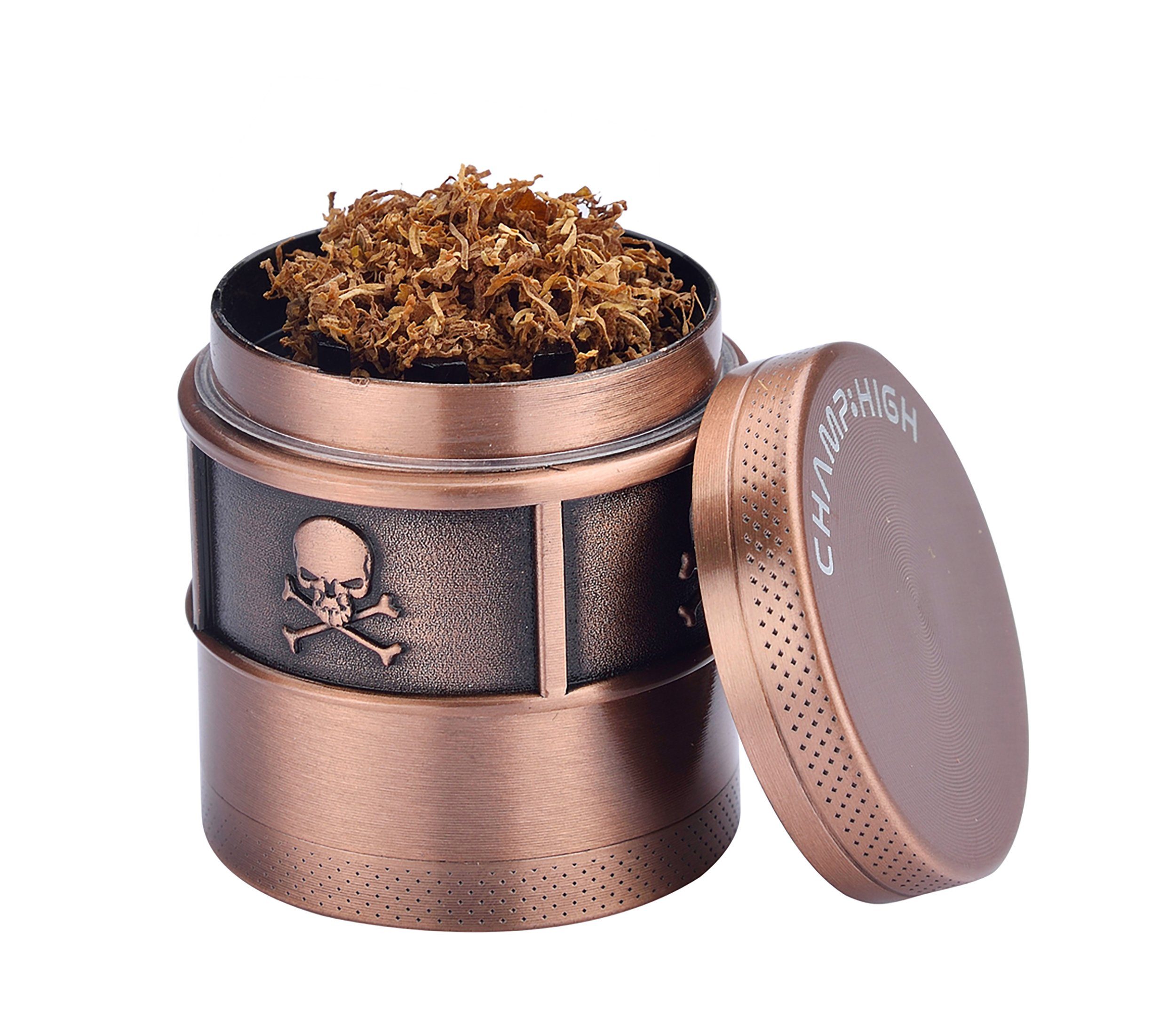 CHAMP HIGH Kräutermühle GRINDER "Totenkopf" 40mm 4-teilig Metall Crusher Sieb 030 (Bronze), Skull Tabak Gewürz Kräuter Mühle Herb