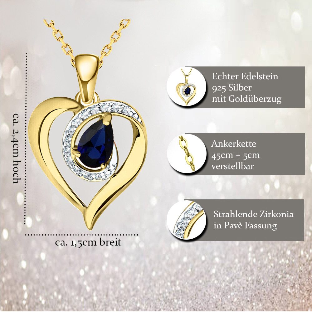 Limana Herzkette blauer echter Saphir Kette Damen Halskette gold 925 Silber vergoldet (mit Tasche u. Dose Edelstein Kette Herz Anhänger Weihnachtsgeschenk), Schmuck Liebesgeschenk Liebe Geschenk für Frauen Damen Freundin Mutter