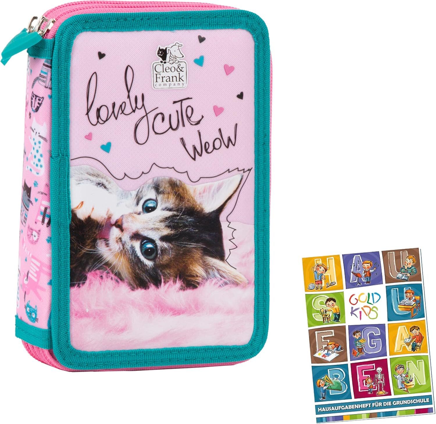 GOLDKIDS Пенали 2-fache Federtasche Federmappe 27-teilig gefüllte, (Schüleretui Stifte und Pinsel inkl., 1-tlg., Aufgabenheft Federbox Etui), Stiftetasche Schlamper-Etui Schul-Etui Cleo & Frank 35 Katze Cat Motiv