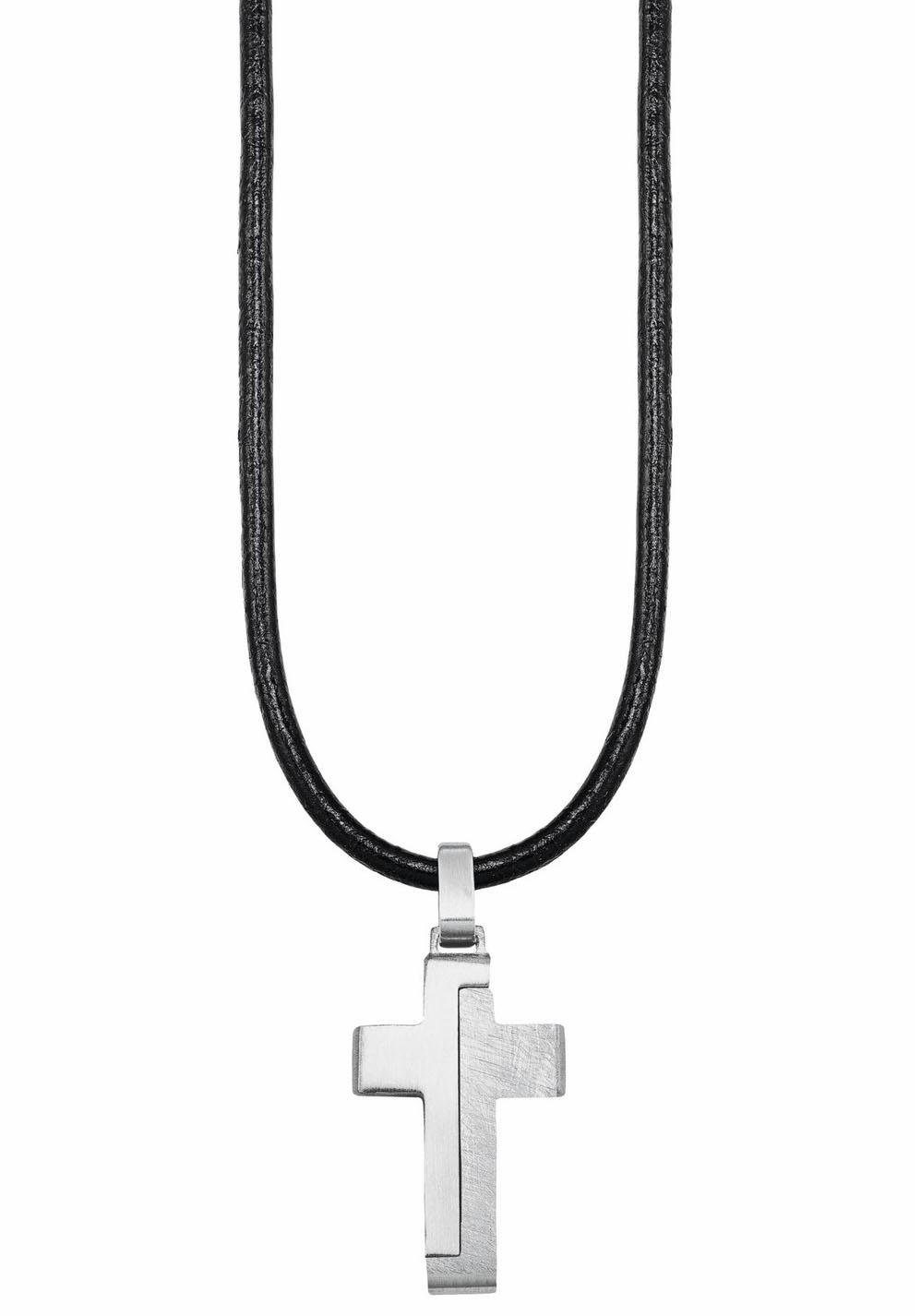 Halskette 2024225, Leder Junior mit aus s.Oliver mattem mit + Edelstahl Edelstahl Aus Kette Leder, kombiniert Kreuz, Anhänger