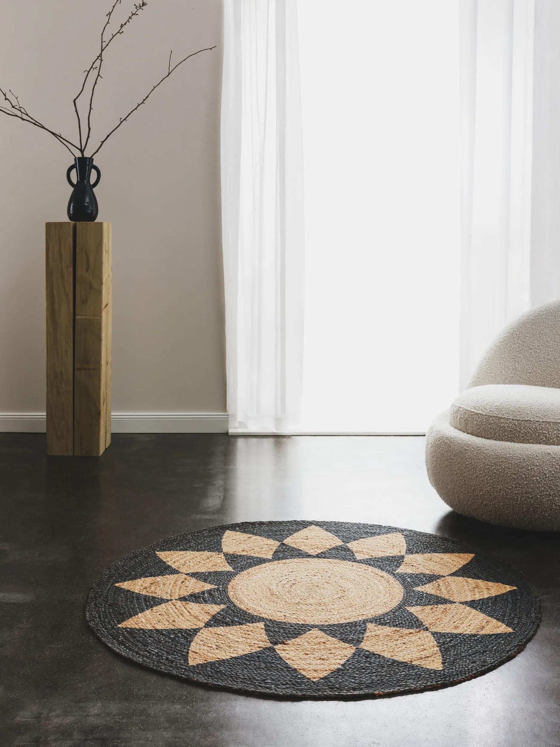 benuta Teppich Sahara, rund, Höhe: 5 mm, Hangefertigter Juteteppich, Wohnzimmer, Esszimmer, Schlafzimmer, Flur