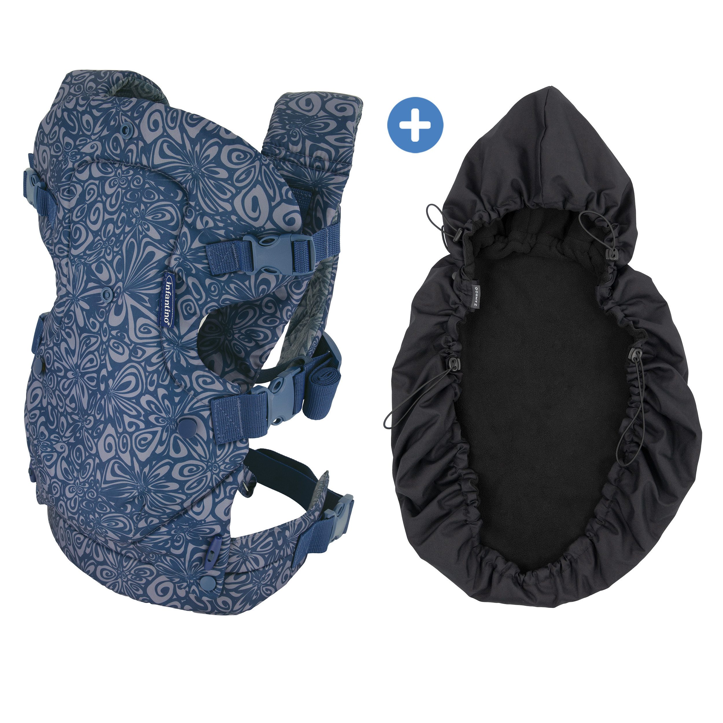 Infantino BKids Babytrage Flip Advanced - Navy Floral, Baby Bauchtrage Rückentrage ab Geburt von 3,6-14,5 kg mit Regenschutz