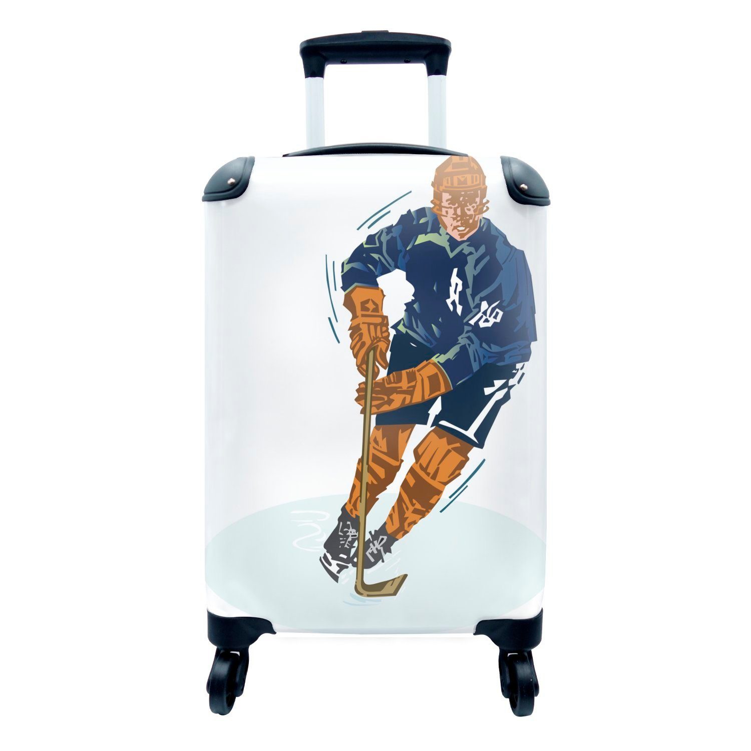 MuchoWow Handgepäckkoffer Ein Eishockeyspieler mit blauem Anzug in einer Illustration, 4 Rollen, Reisetasche mit rollen, Handgepäck für Ferien, Trolley, Reisekoffer