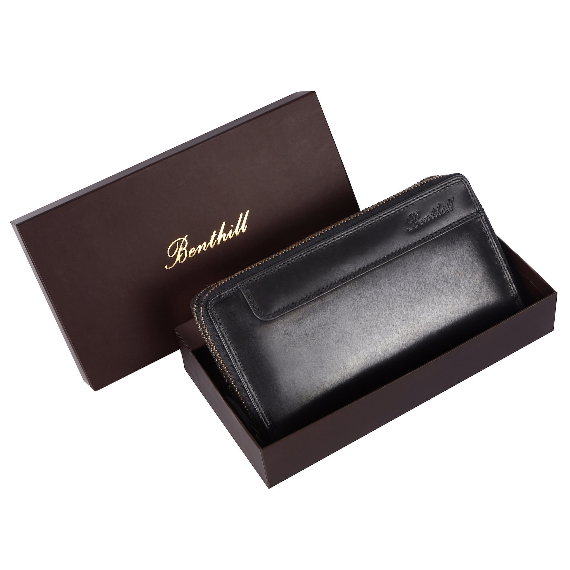 Benthill Geldbörse Damen Groß Echt Leder RFID Portemonnaie XXL mit vielen Kartenfächer, RFID-Schutz Kartenfächer Münzfach Reißverschlussfach