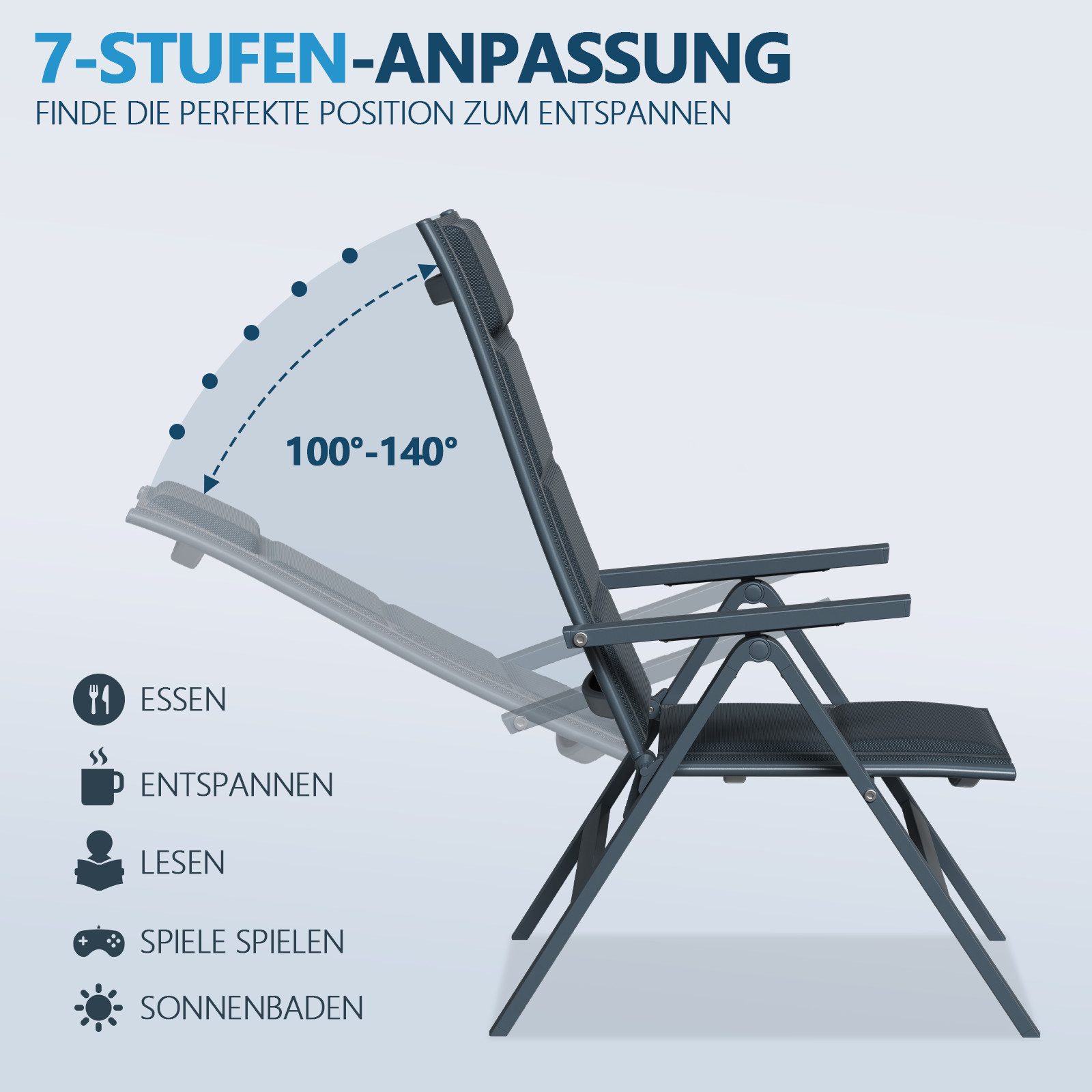 Furnicopia Gartenstuhl Gartenstühle Faltbarer Liegesessel Hochlehner Alu 7-fach verstellbar (Set, 2 St), Bis 120 kg, Stabile Gartenstühle mit Rückenlehne & Armlehnen