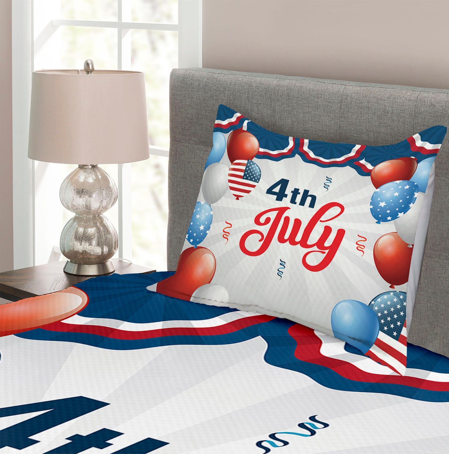 Party mit 4. Abakuhaus, Tagesdecke USA-Stil Juli Set Kissenbezügen Luftballons Waschbar,