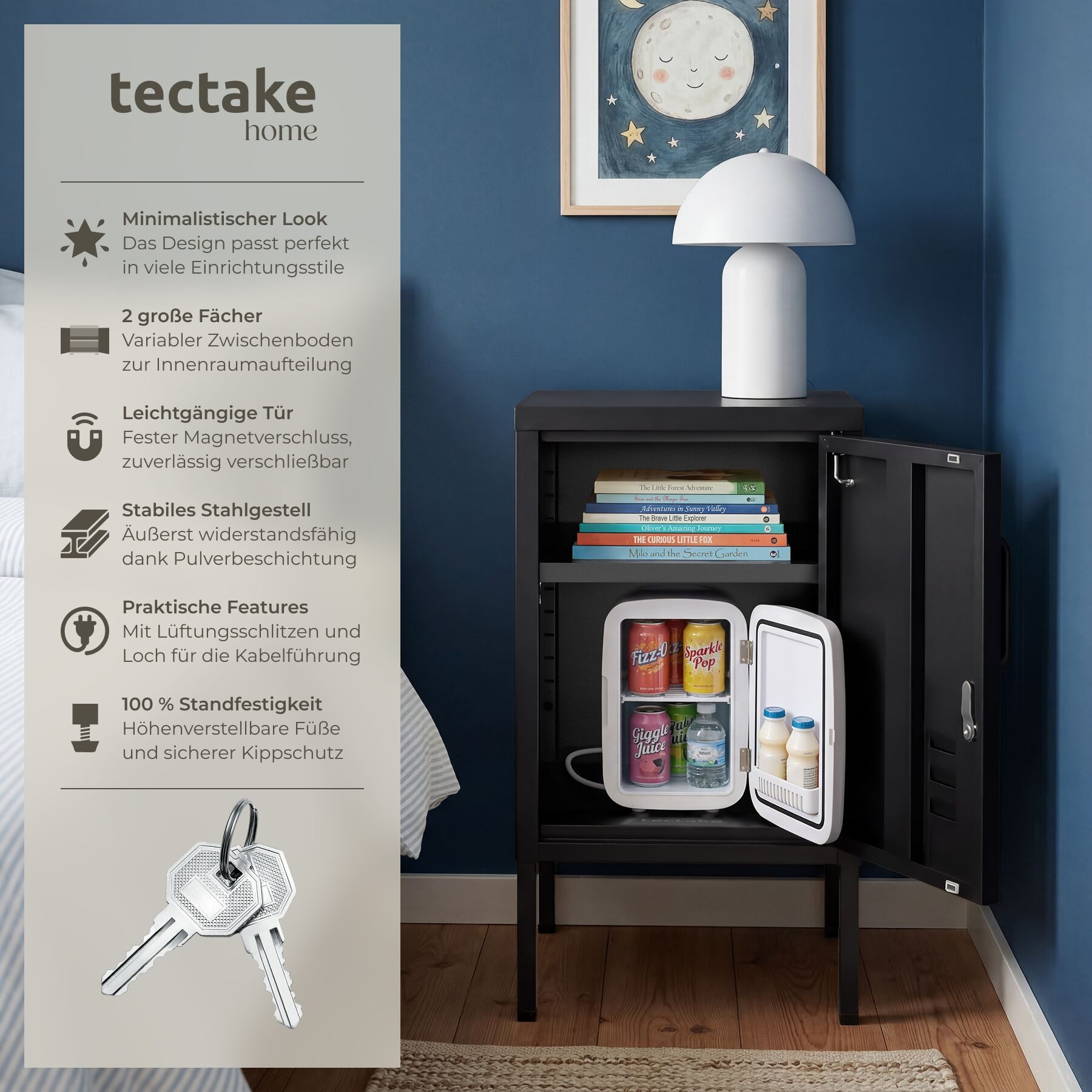 tectake Nachttisch Schmaler Nachtschrank mit Magnetverschluss und verstellbarem Boden (Nachtschrank Baker, 1-St., in Schwarz), Pulverbeschichteter Stahl und Kabelführung für optimale Nutzung